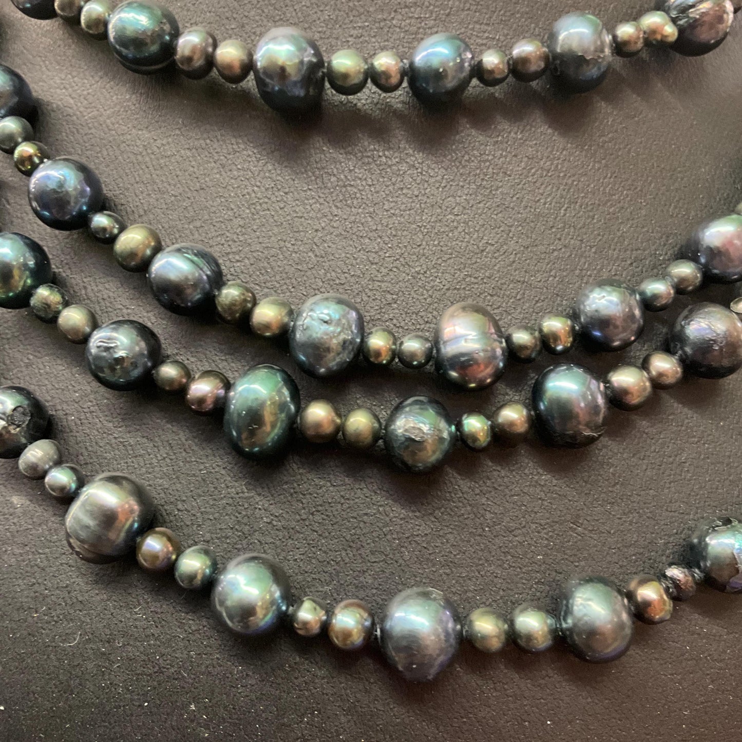 Vintage Peacock Fresh Water Pearl Flapper Length Beaded Necklace, Petrol Irridescent Colours, Ultra long, Formal Event