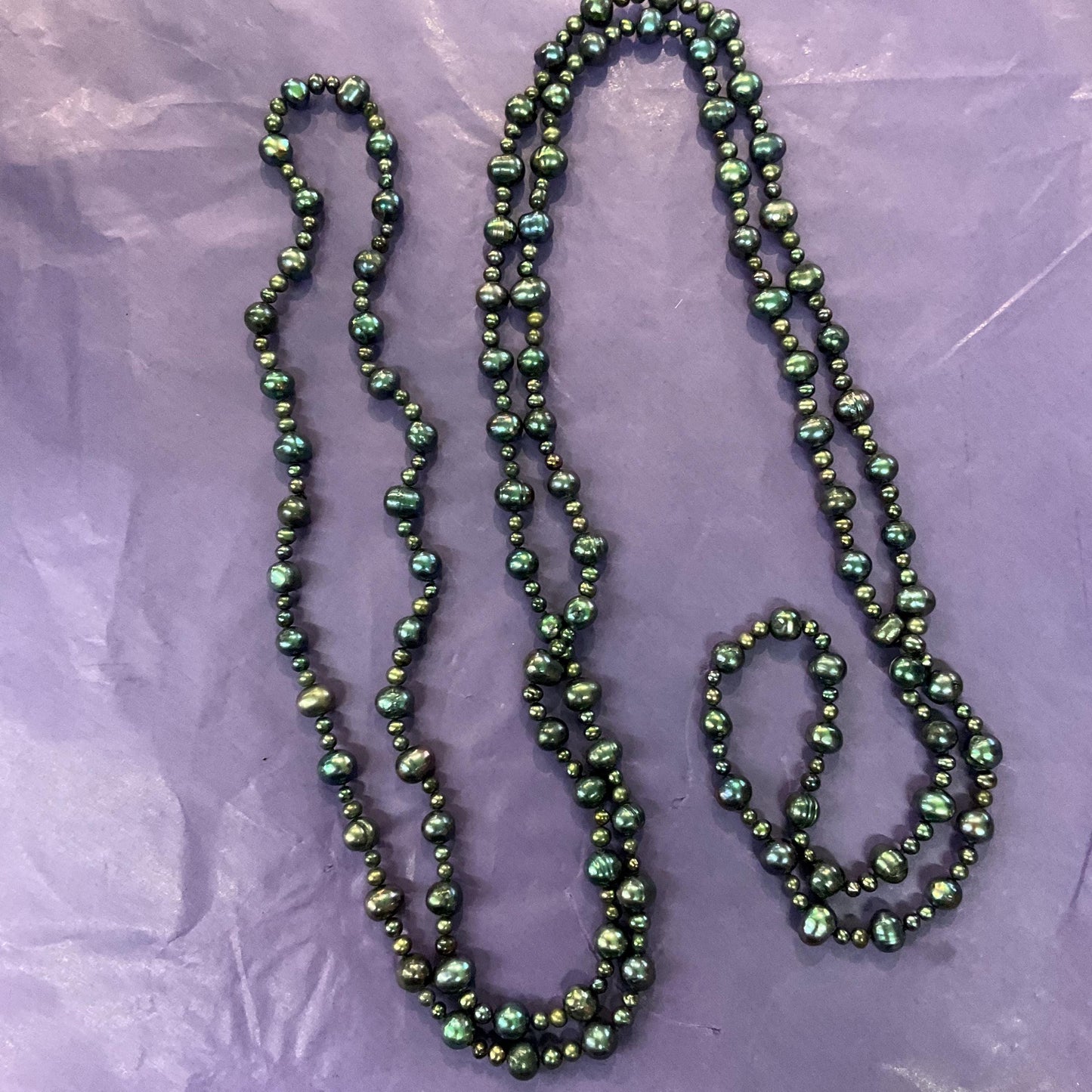 Vintage Peacock Fresh Water Pearl Flapper Length Beaded Necklace, Petrol Irridescent Colours, Ultra long, Formal Event