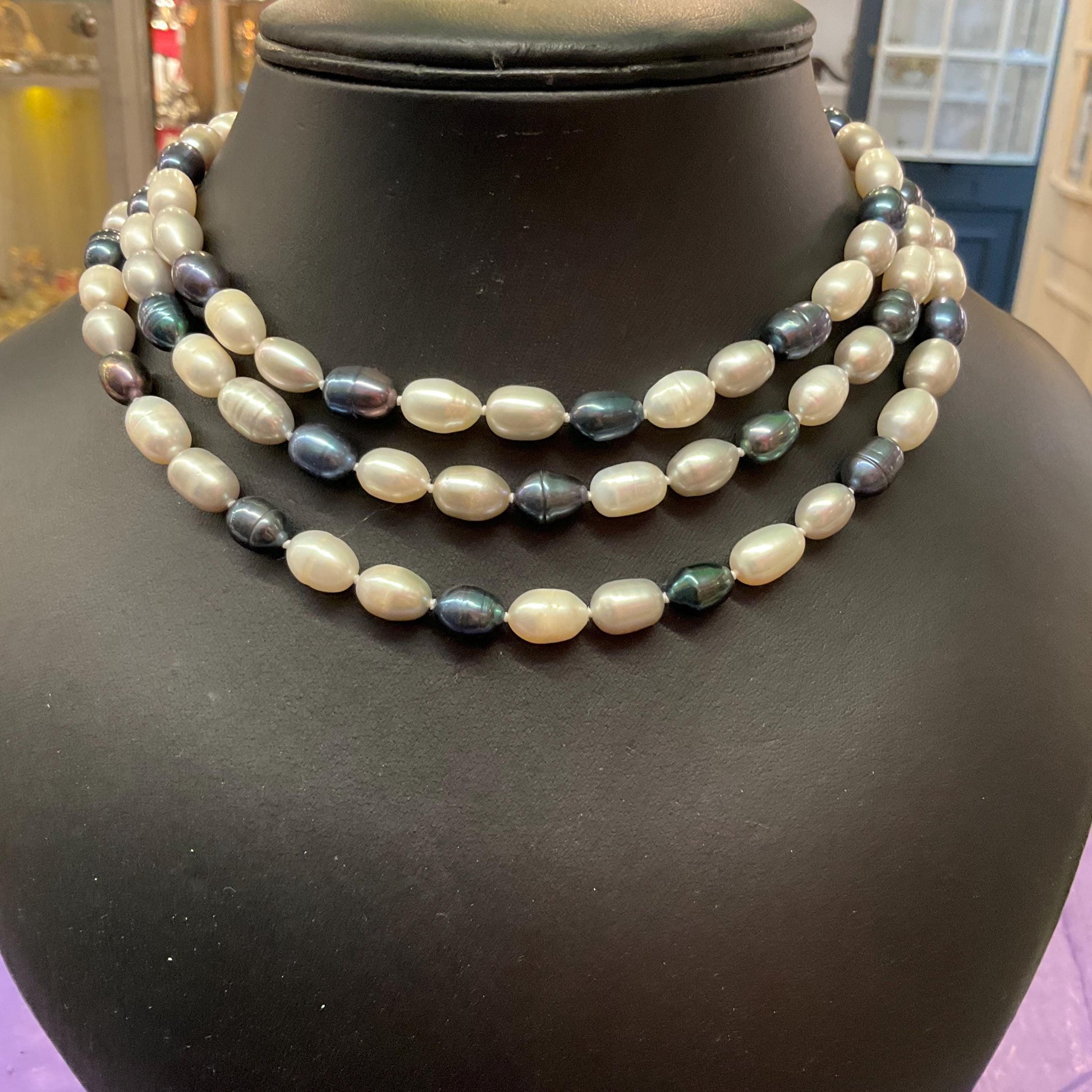 Vintage Fresh Water Flapper Length Pearl Beaded Necklace, Petrol Blue, Silver and Ivory Shades, Great Gatsby, Formal Event