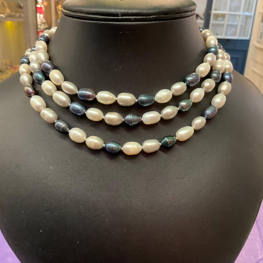 Vintage Fresh Water Flapper Length Pearl Beaded Necklace, Petrol Blue, Silver and Ivory Shades, Great Gatsby, Formal Event