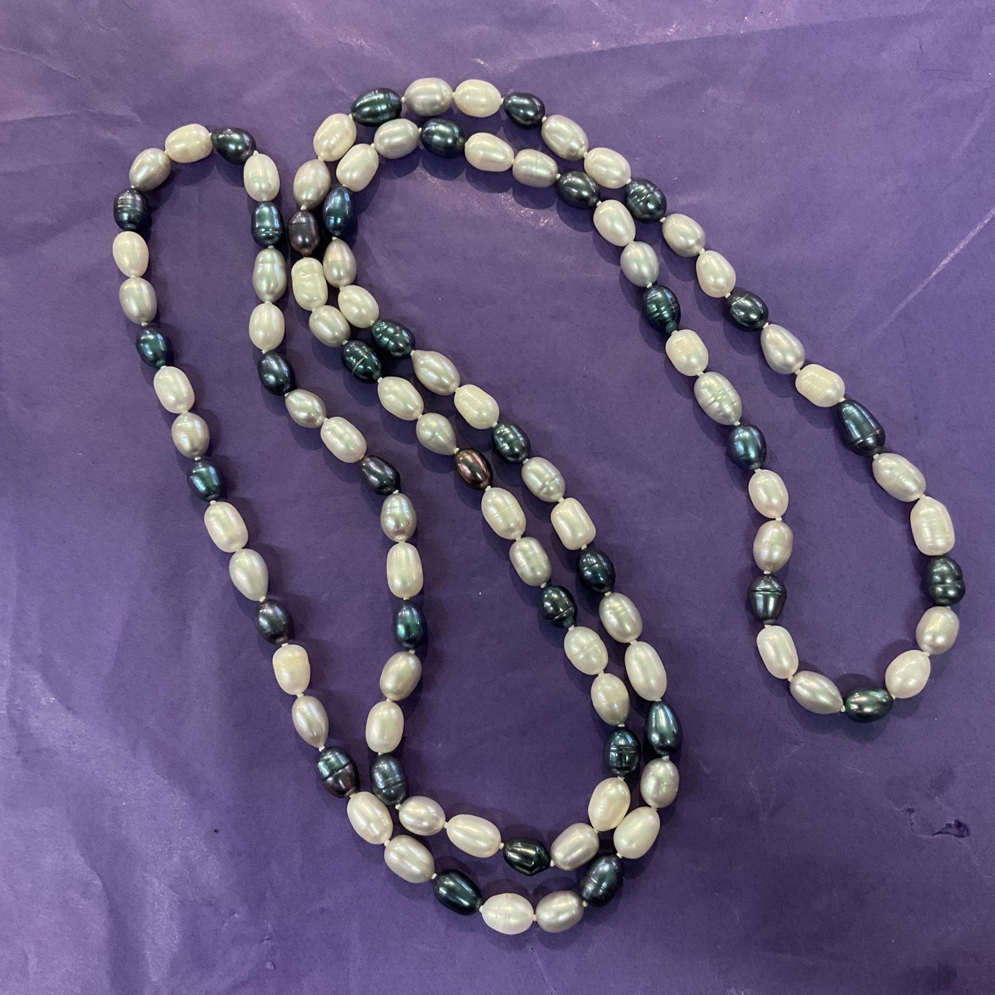 Vintage Fresh Water Flapper Length Pearl Beaded Necklace, Petrol Blue, Silver and Ivory Shades, Great Gatsby, Formal Event