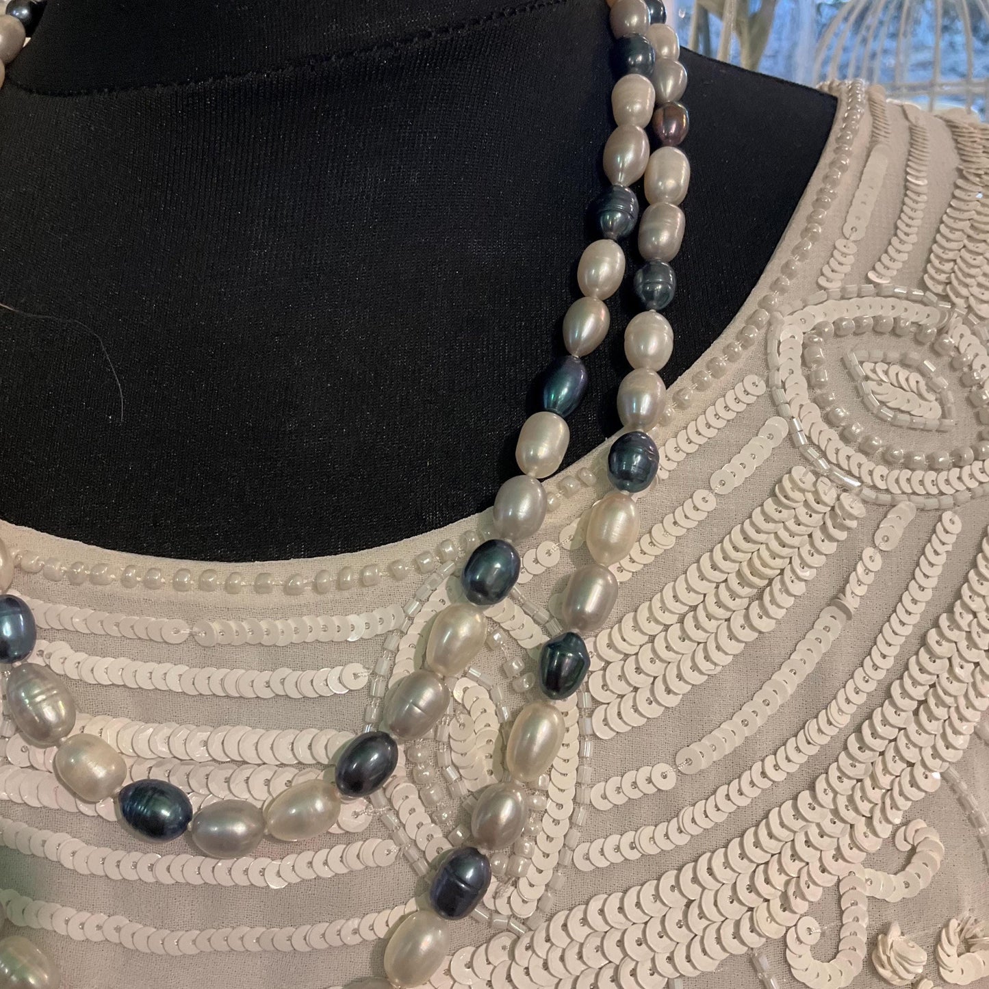 Vintage Fresh Water Flapper Length Pearl Beaded Necklace, Petrol Blue, Silver and Ivory Shades, Great Gatsby, Formal Event