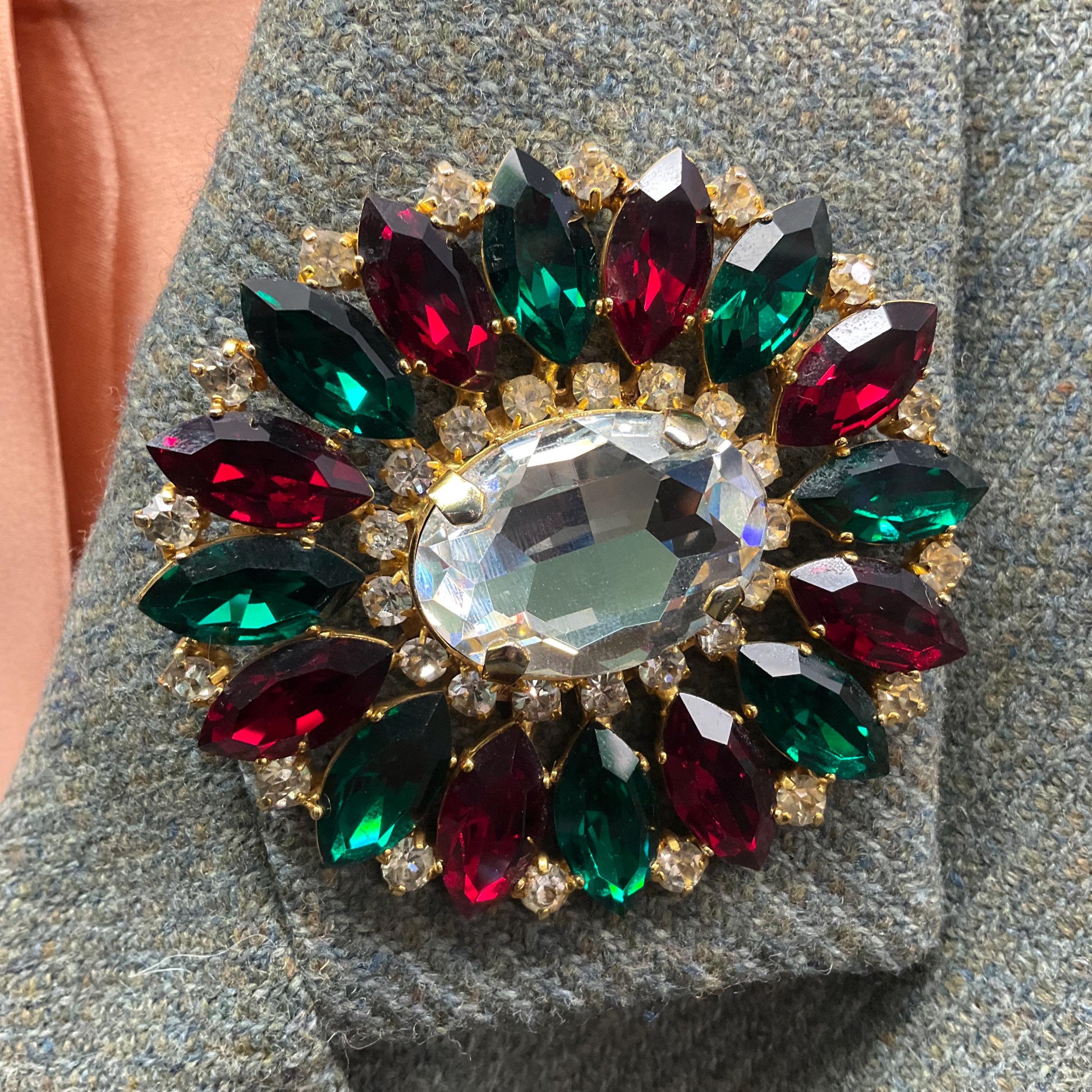 Vintage Butler and Wilson Statement Oval Crystal Brooch, Gold tone with silver, red and Green Crystals , Signed in original box