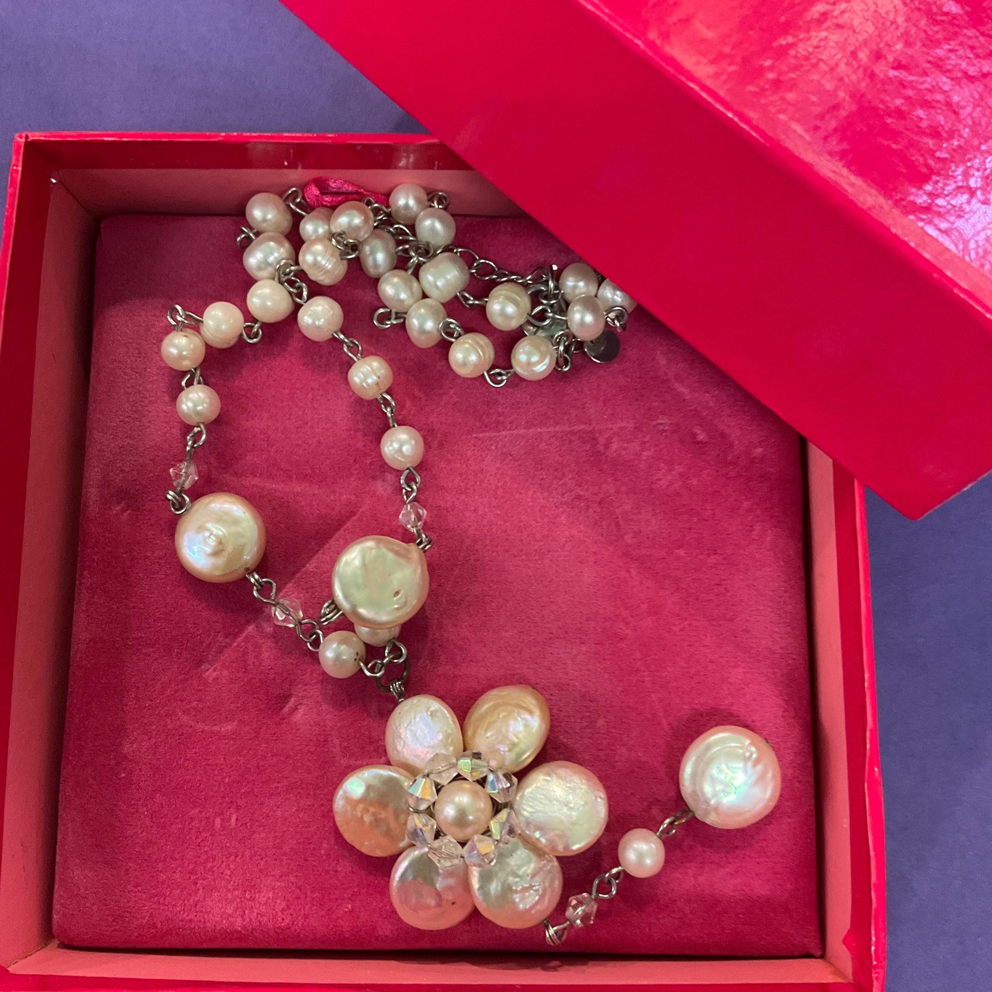Vintage Butler and Wilson Ivory Keshi and Fresh Water Pearl Floral Drop Necklace, Signed in Original Box, Vintage Wedding, Holiday