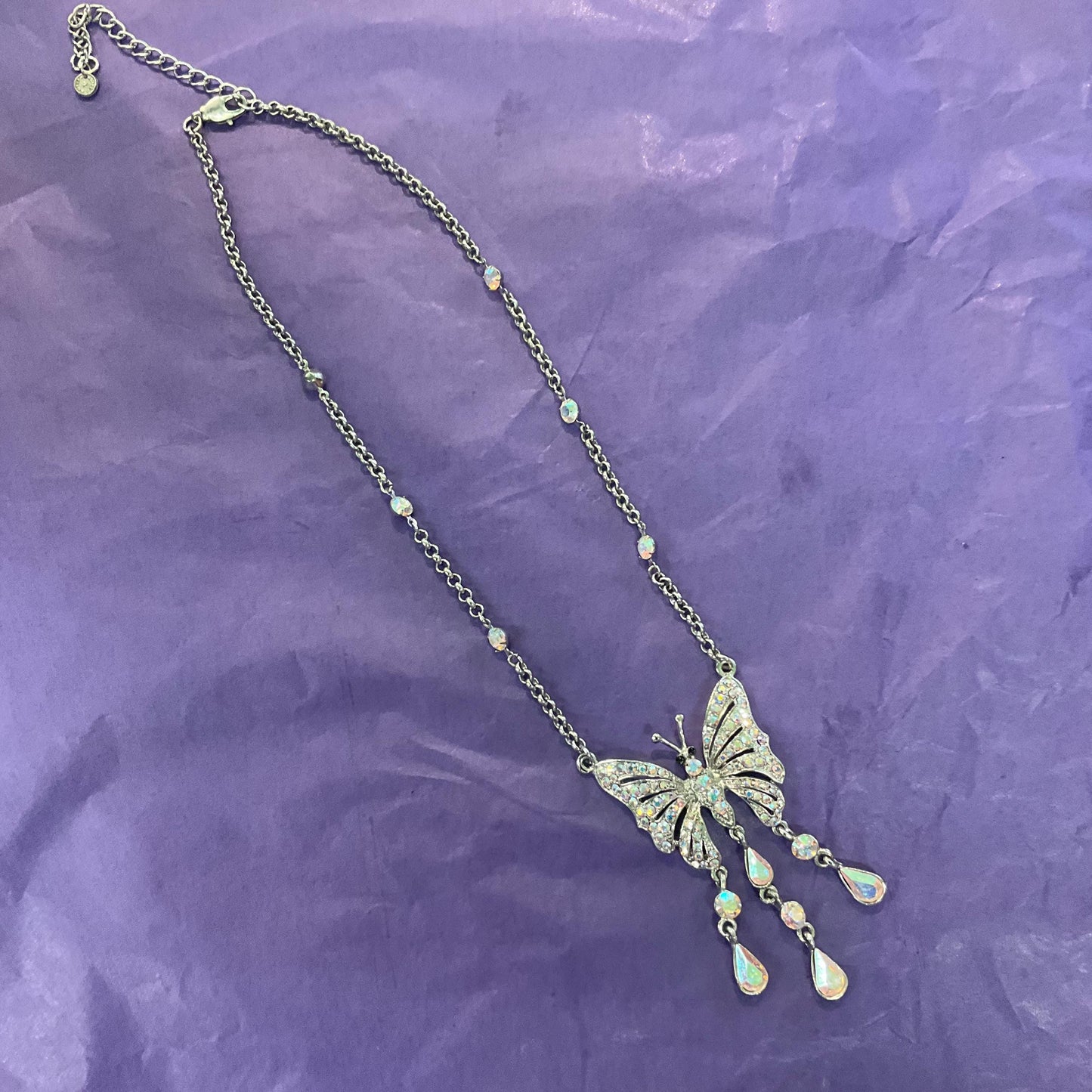 Vintage Butler and Wilson Rainbow Crystal Butterfly Drop Pendant,Silver tone with Aurora Borealis Crystals, Signed as new