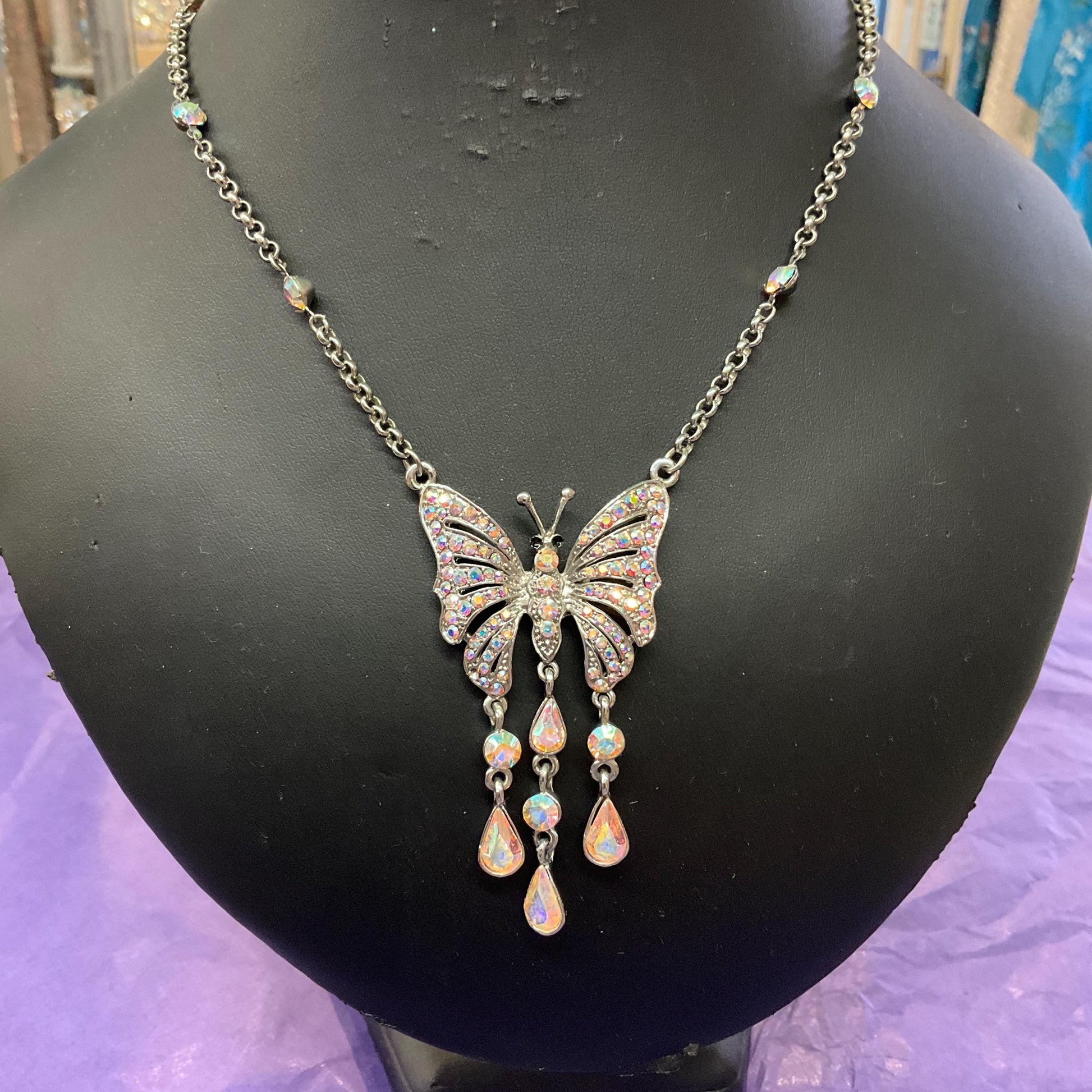 Vintage Butler and Wilson Rainbow Crystal Butterfly Drop Pendant,Silver tone with Aurora Borealis Crystals, Signed as new