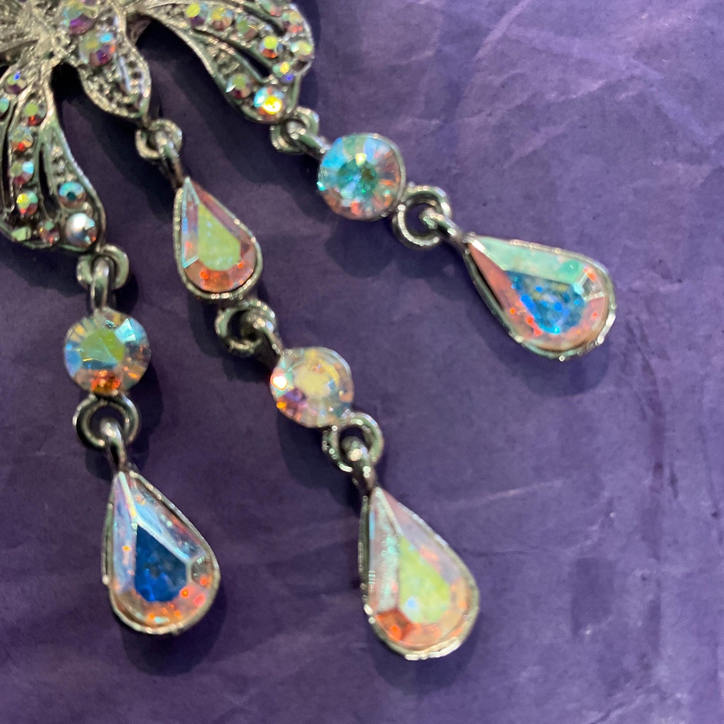 Vintage Butler and Wilson Rainbow Crystal Butterfly Drop Pendant,Silver tone with Aurora Borealis Crystals, Signed as new