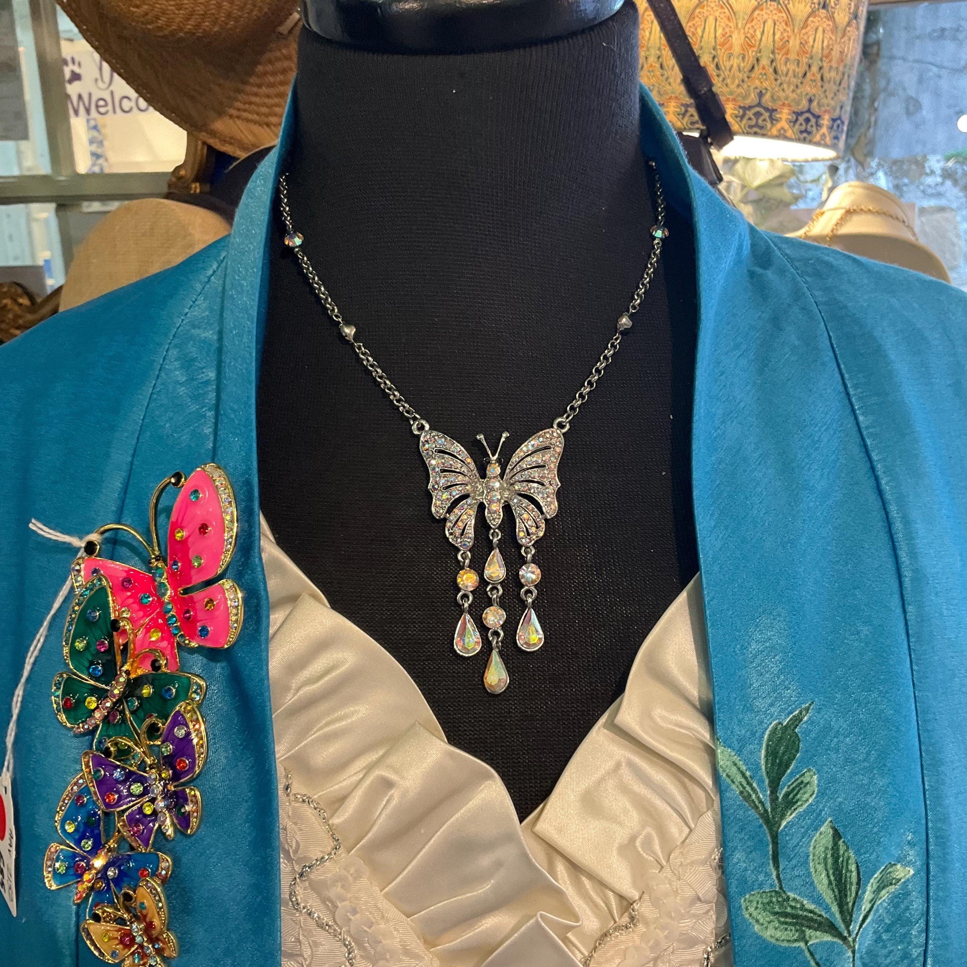 Vintage Butler and Wilson Rainbow Crystal Butterfly Drop Pendant,Silver tone with Aurora Borealis Crystals, Signed as new