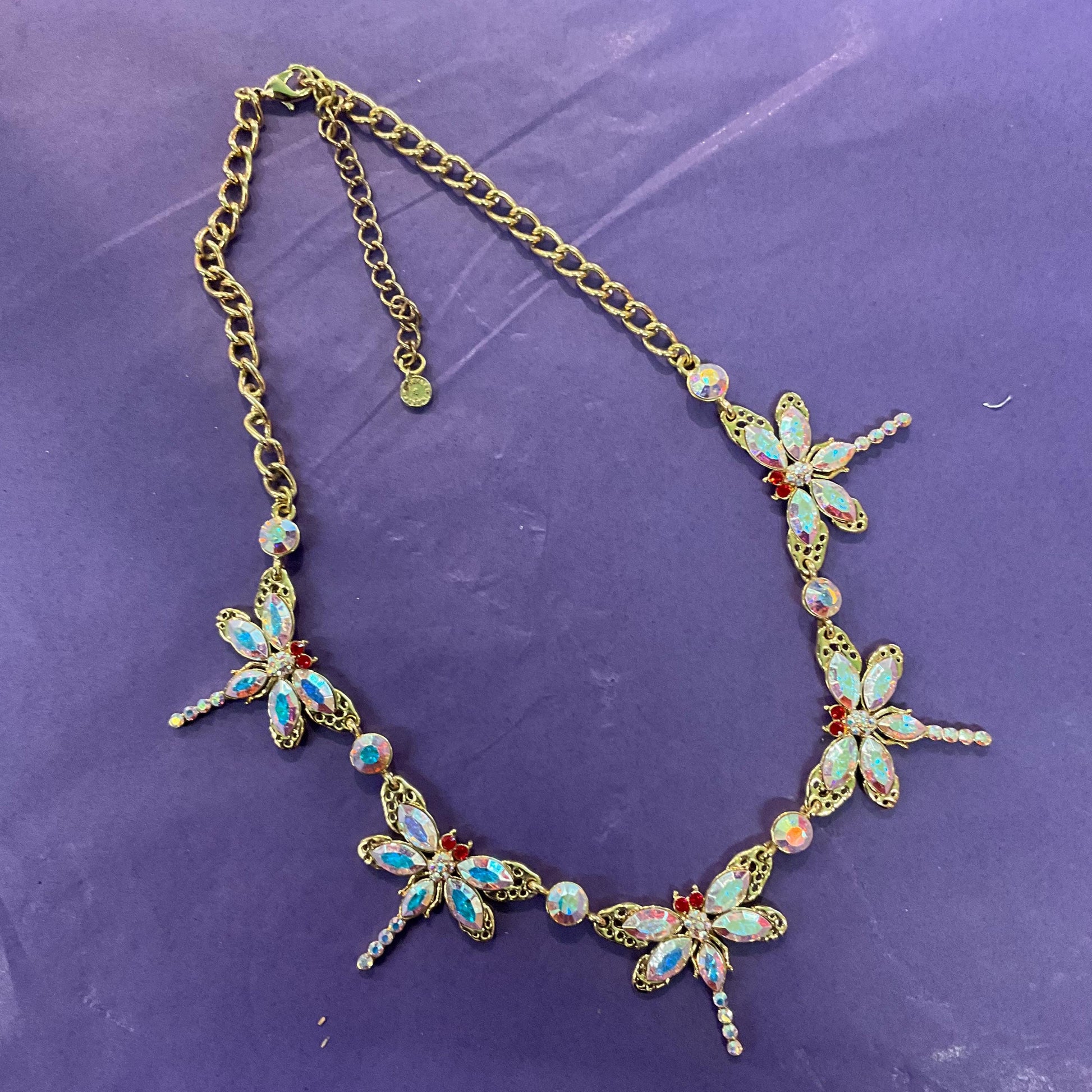 Vintage Butler and Wilson Rainbow Crystal Dragonfly Necklace , Gold Tone with Aurora Borealis Crystals , Signed in Original Box