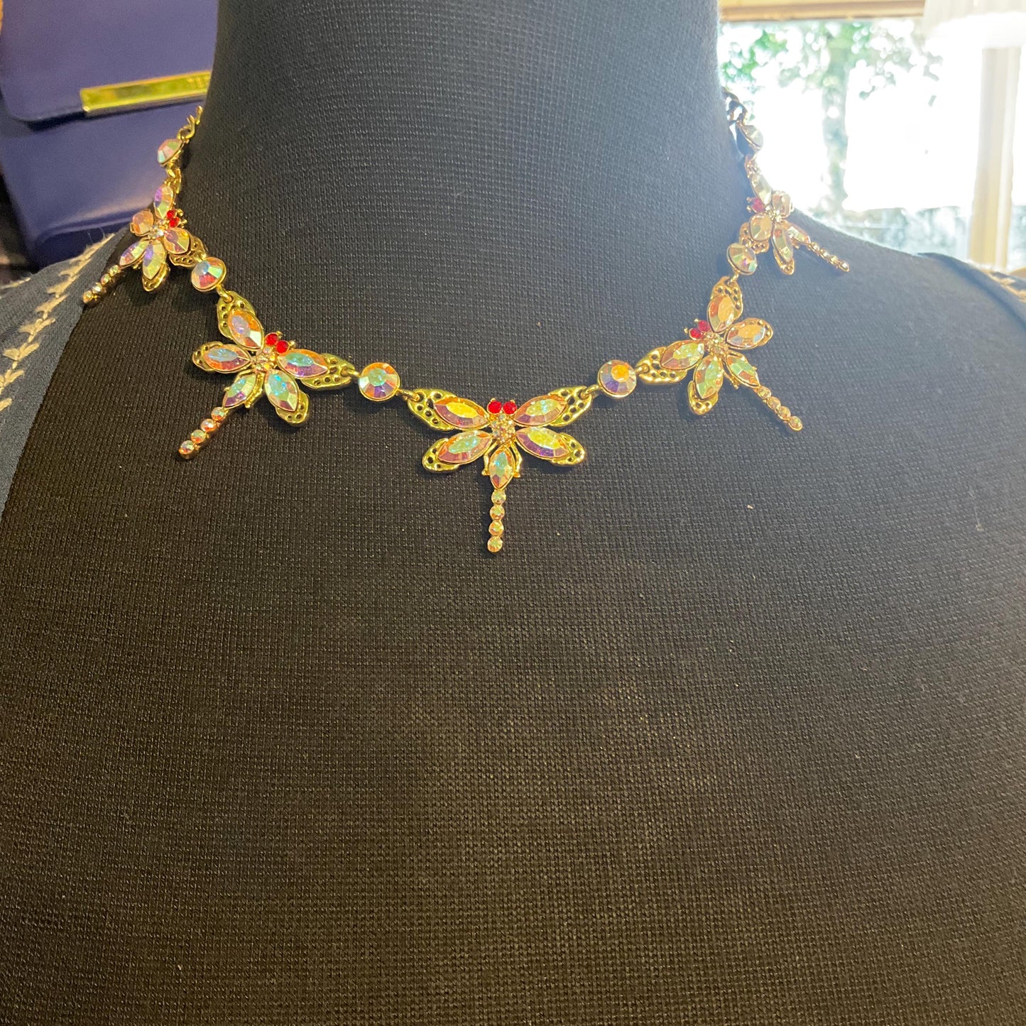 Vintage Butler and Wilson Rainbow Crystal Dragonfly Necklace , Gold Tone with Aurora Borealis Crystals , Signed in Original Box