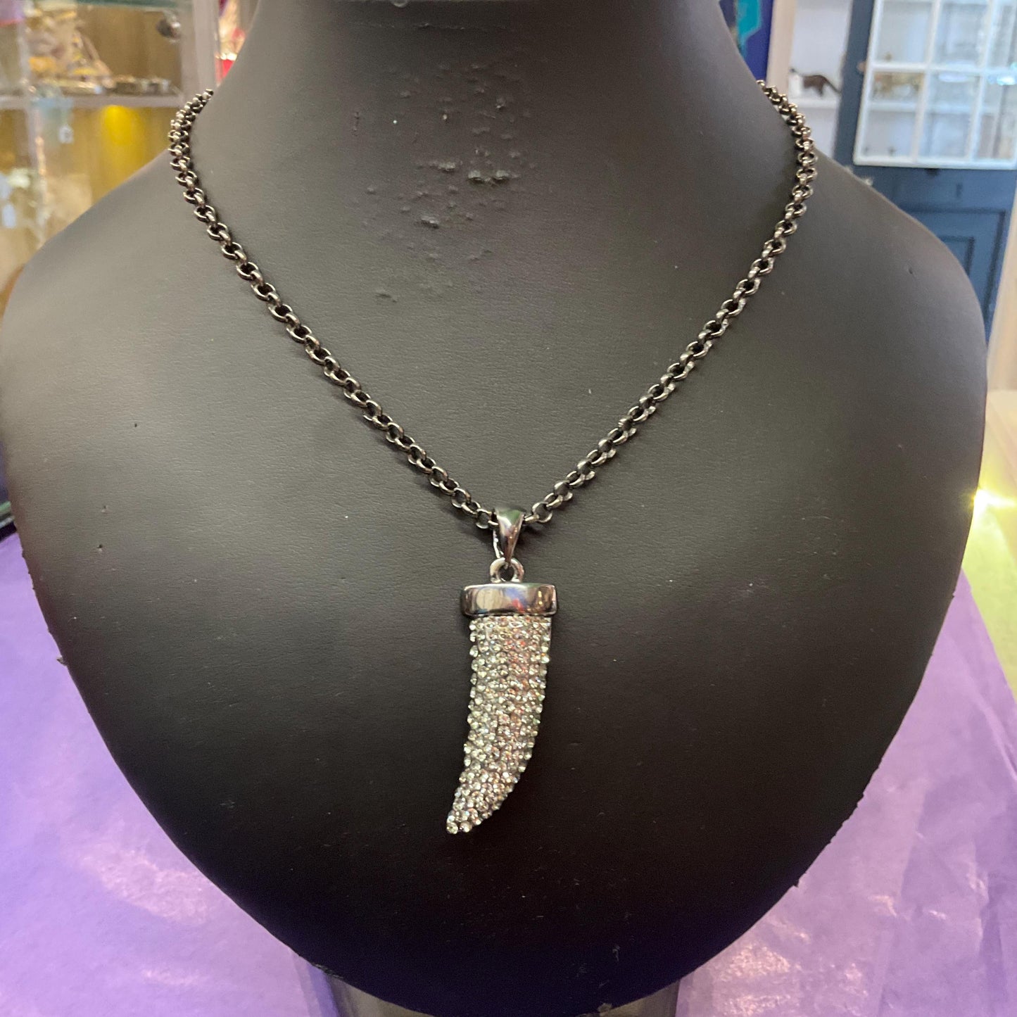 Vintage Butler and Wilson Large Pewter Tiger Fang Pendant , Pewter tone metal and crystals, Signed as new, Rock Chick, Steampunk