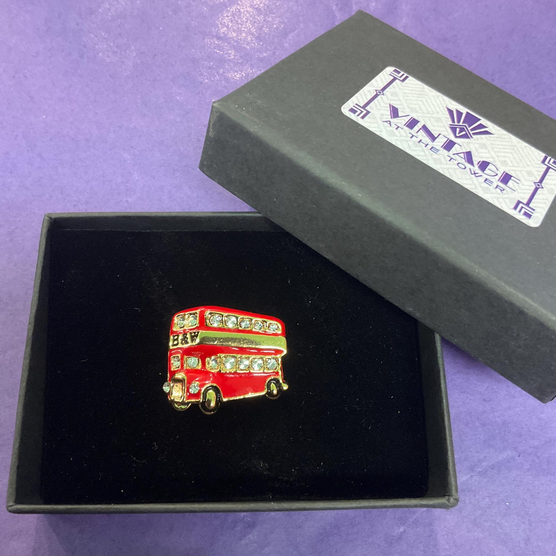 Vintage Butler and Wilson London Bus Lapel Pin, Gold Tone with Red Enamel and Silver Crystals, Signed as new, Vintage Man