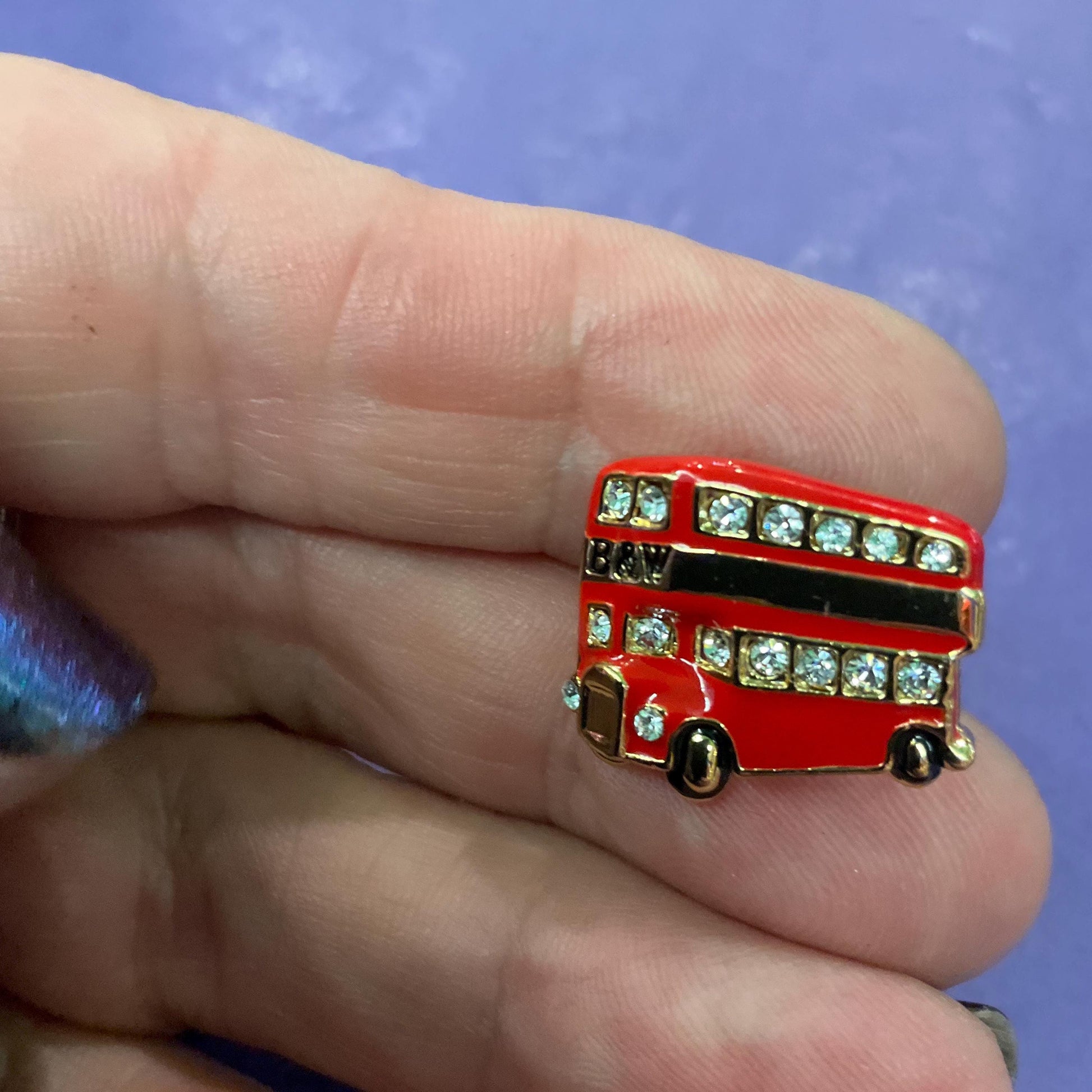 Vintage Butler and Wilson London Bus Lapel Pin, Gold Tone with Red Enamel and Silver Crystals, Signed as new, Vintage Man