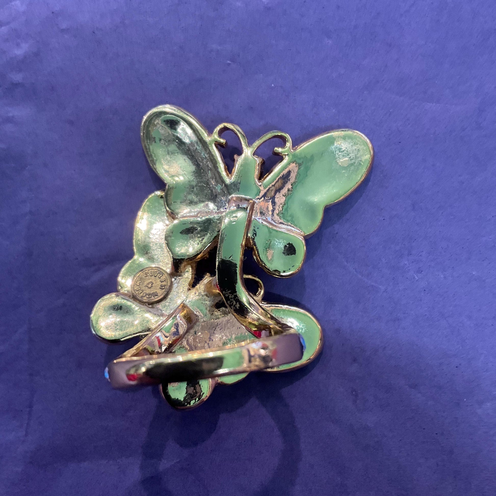 Vintage Butler and Wilson Rainbow Crystal Butterflies Statement Ring, Size Uk M/ US 6, Gold Tone with Borealis Crystals, Signed as new