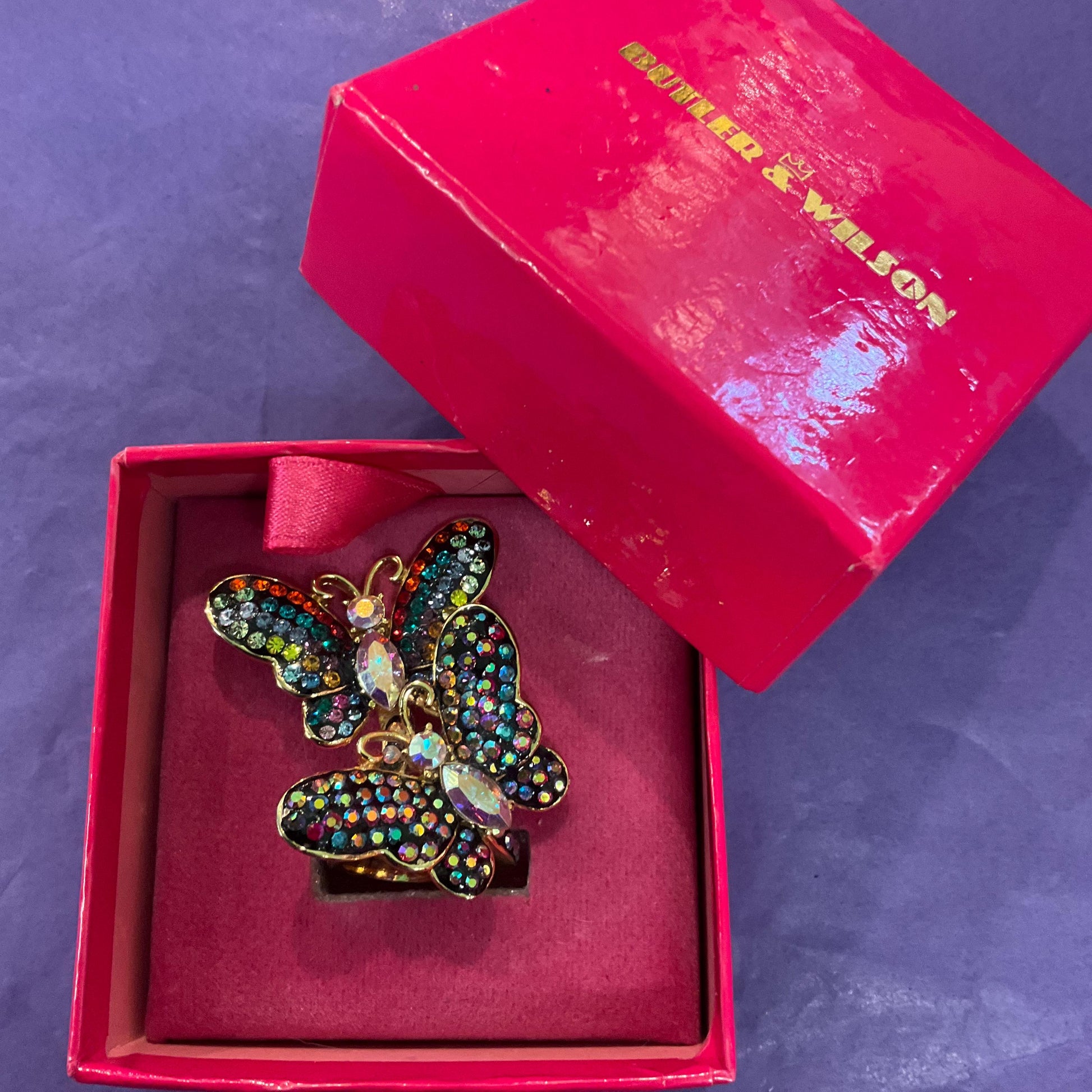 Vintage Butler and Wilson Rainbow Crystal Butterflies Statement Ring, Size Uk M/ US 6, Gold Tone with Borealis Crystals, Signed as new
