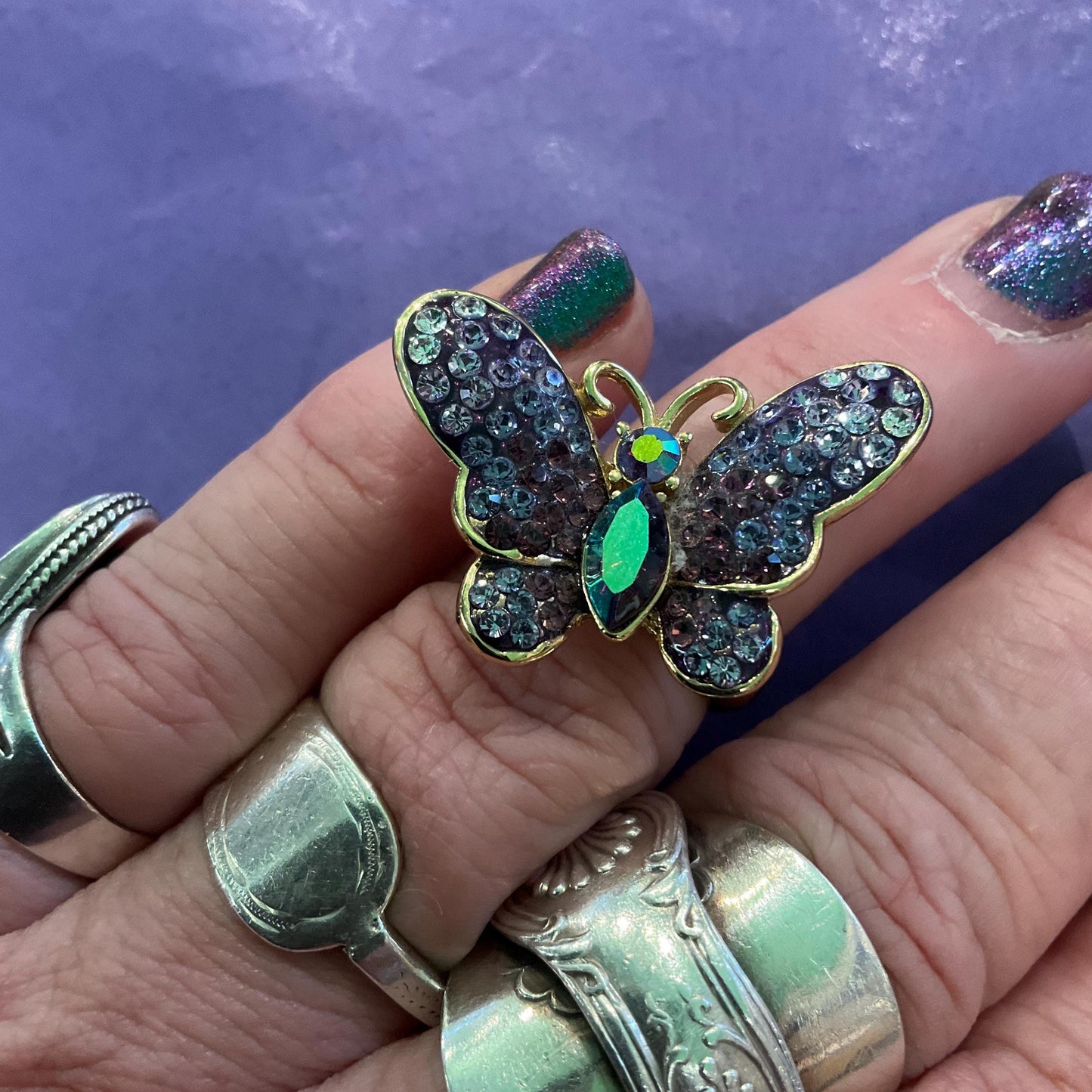Vintage Butller and Wilson Purple Ombré Crystal Butterfly Ring, Size UK M/ US 6, Gold tone with peacock Borealis Crystal, Signed as new