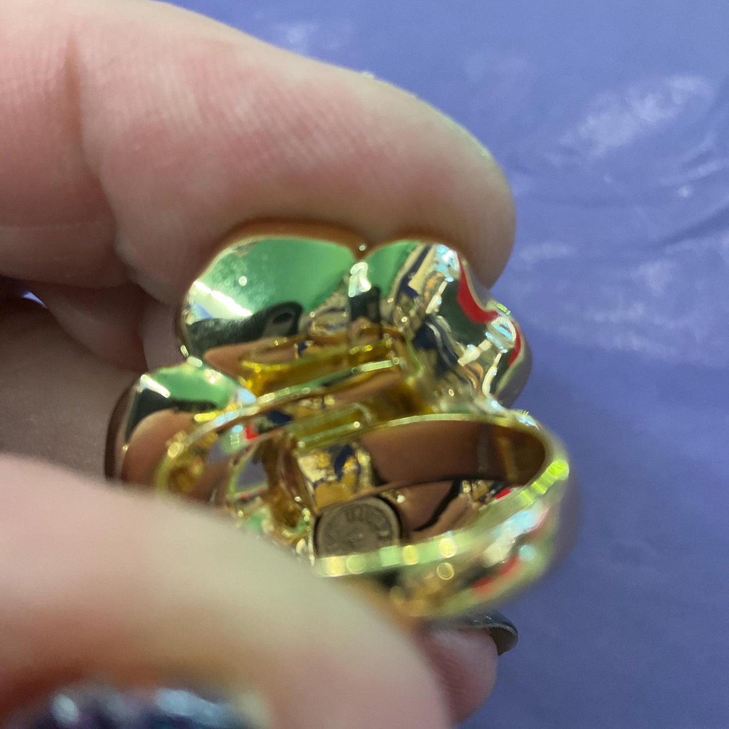 Vintage Butler and Wilson Large Red Rose Crystal Ring, Adjustable from Size Uk P/ US 7.5, Gold tone with Red enamel and rainbow crystal