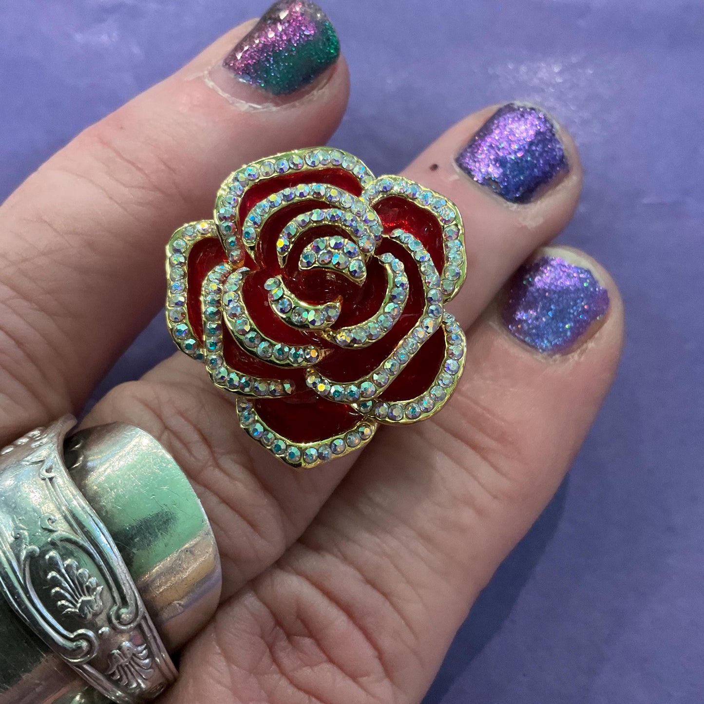 Vintage Butler and Wilson Large Red Rose Crystal Ring, Adjustable from Size Uk P/ US 7.5, Gold tone with Red enamel and rainbow crystal