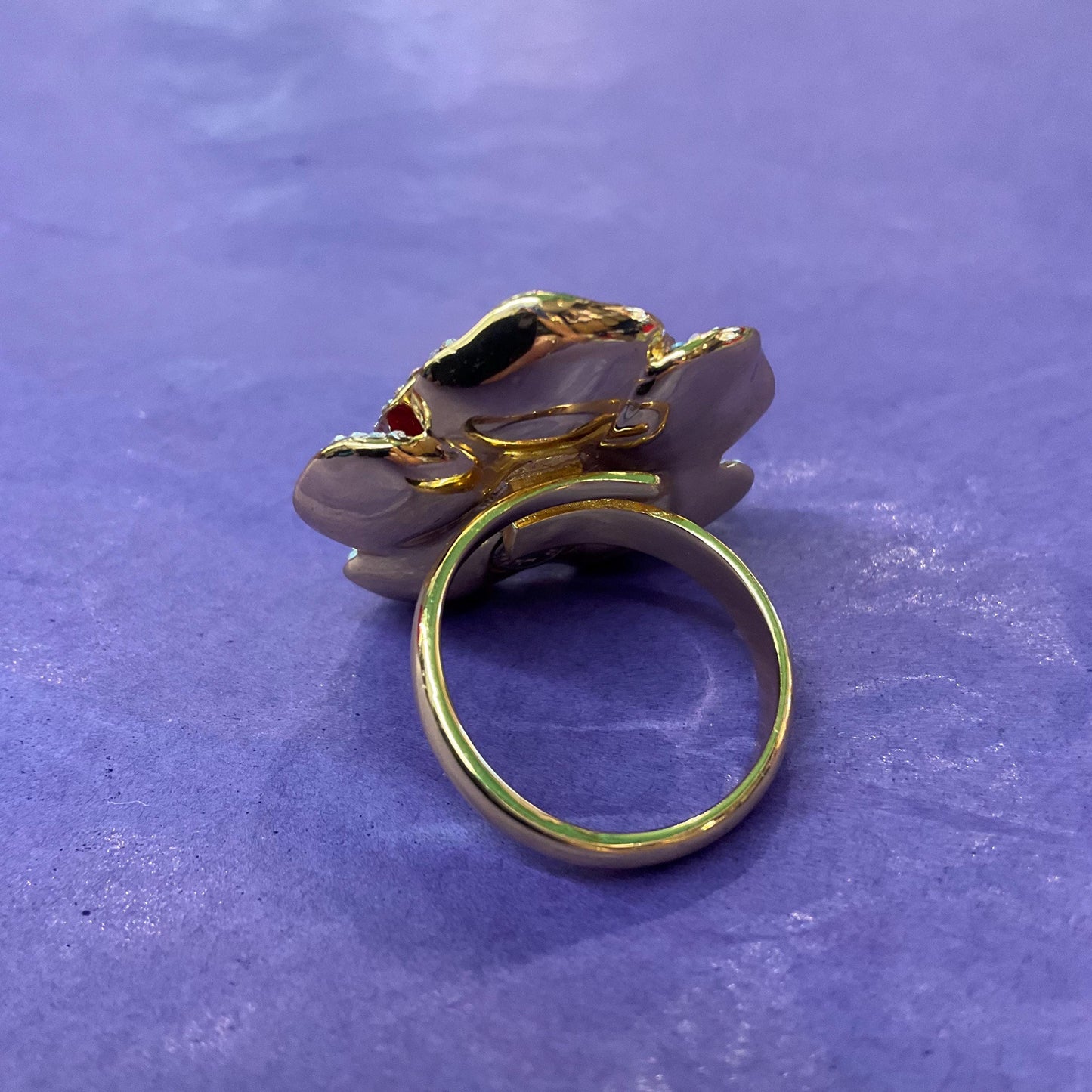 Vintage Butler and Wilson Large Red Rose Crystal Ring, Adjustable from Size Uk P/ US 7.5, Gold tone with Red enamel and rainbow crystal