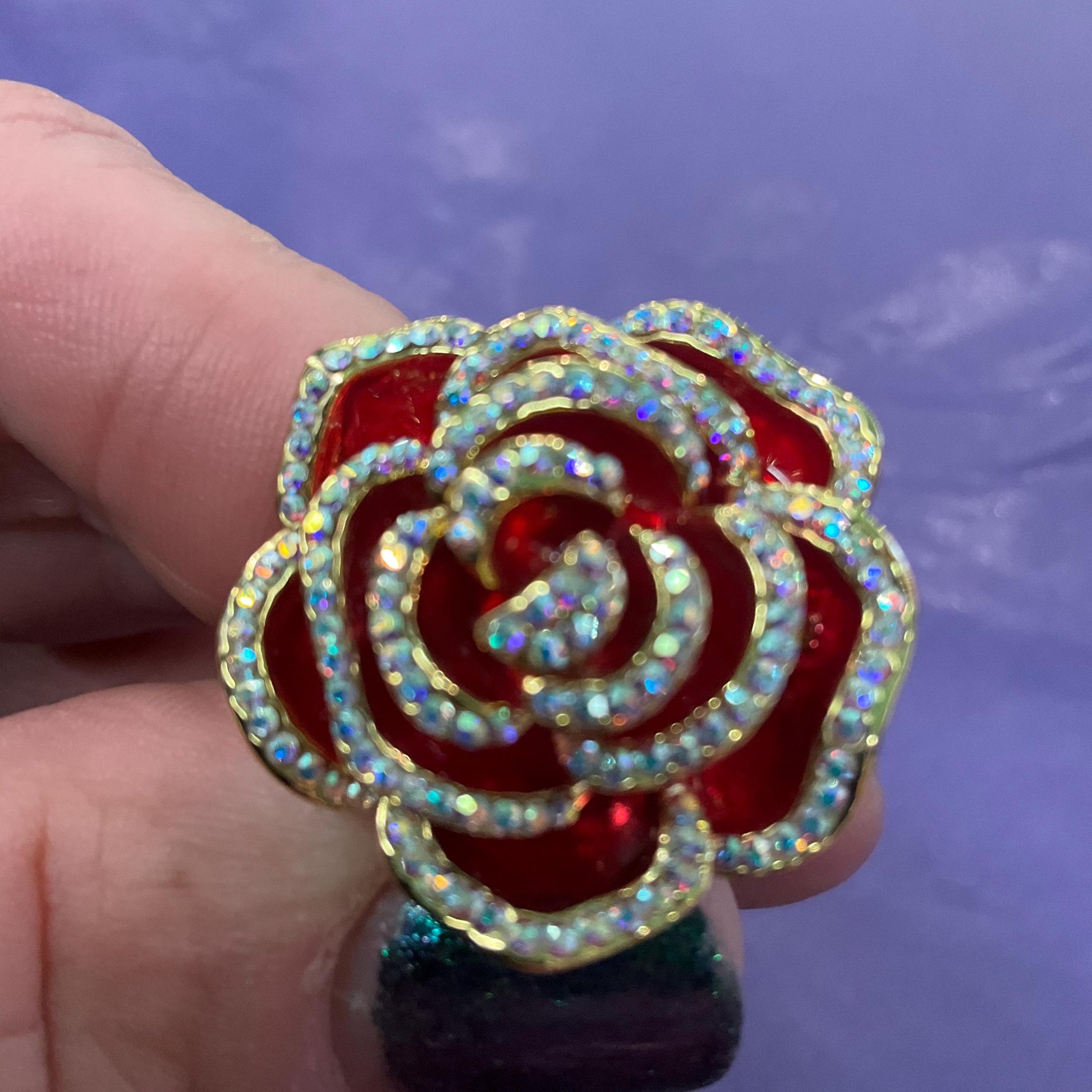 Vintage Butler and Wilson Large Red Rose Crystal Ring, Adjustable from Size Uk P/ US 7.5, Gold tone with Red enamel and rainbow crystal