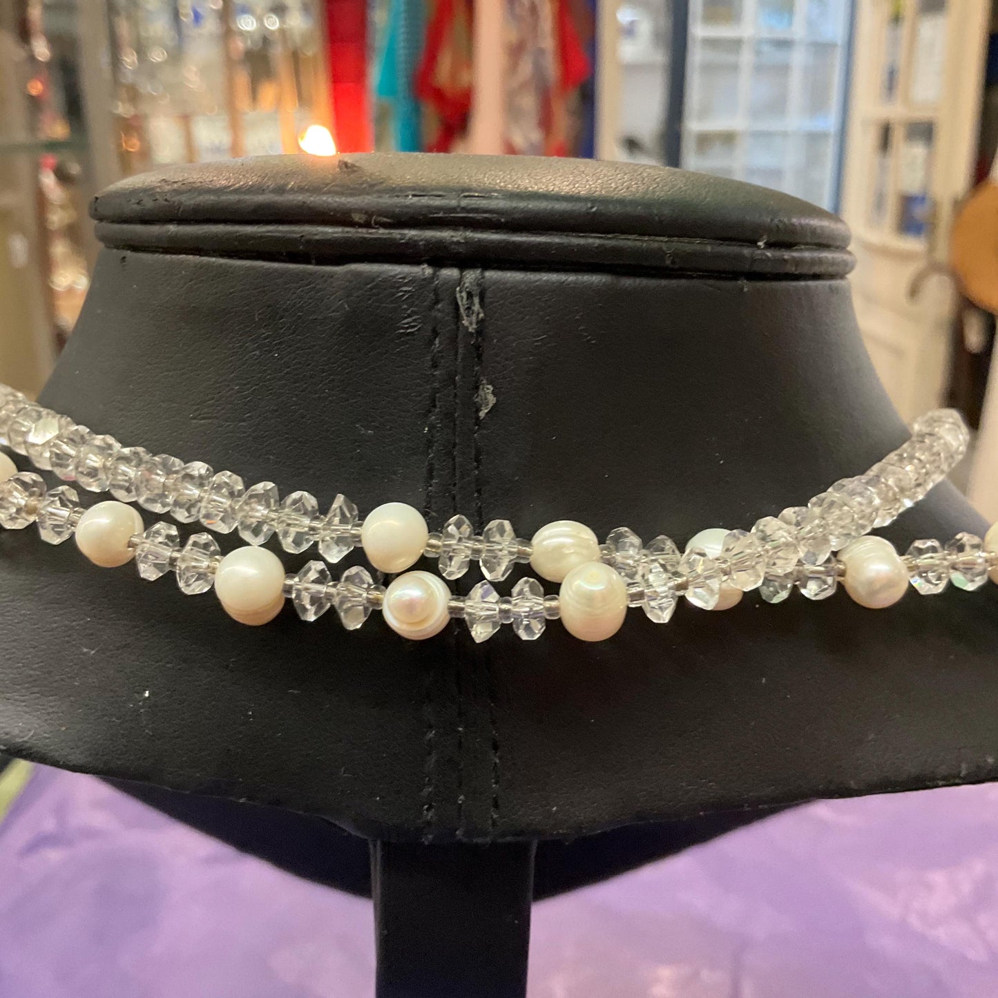 Vintage Butler and Wilson Rock Crystal & Cultured Pearl Flapper Length Necklace, Ivory beads and large wine coloured crystal beads, signed