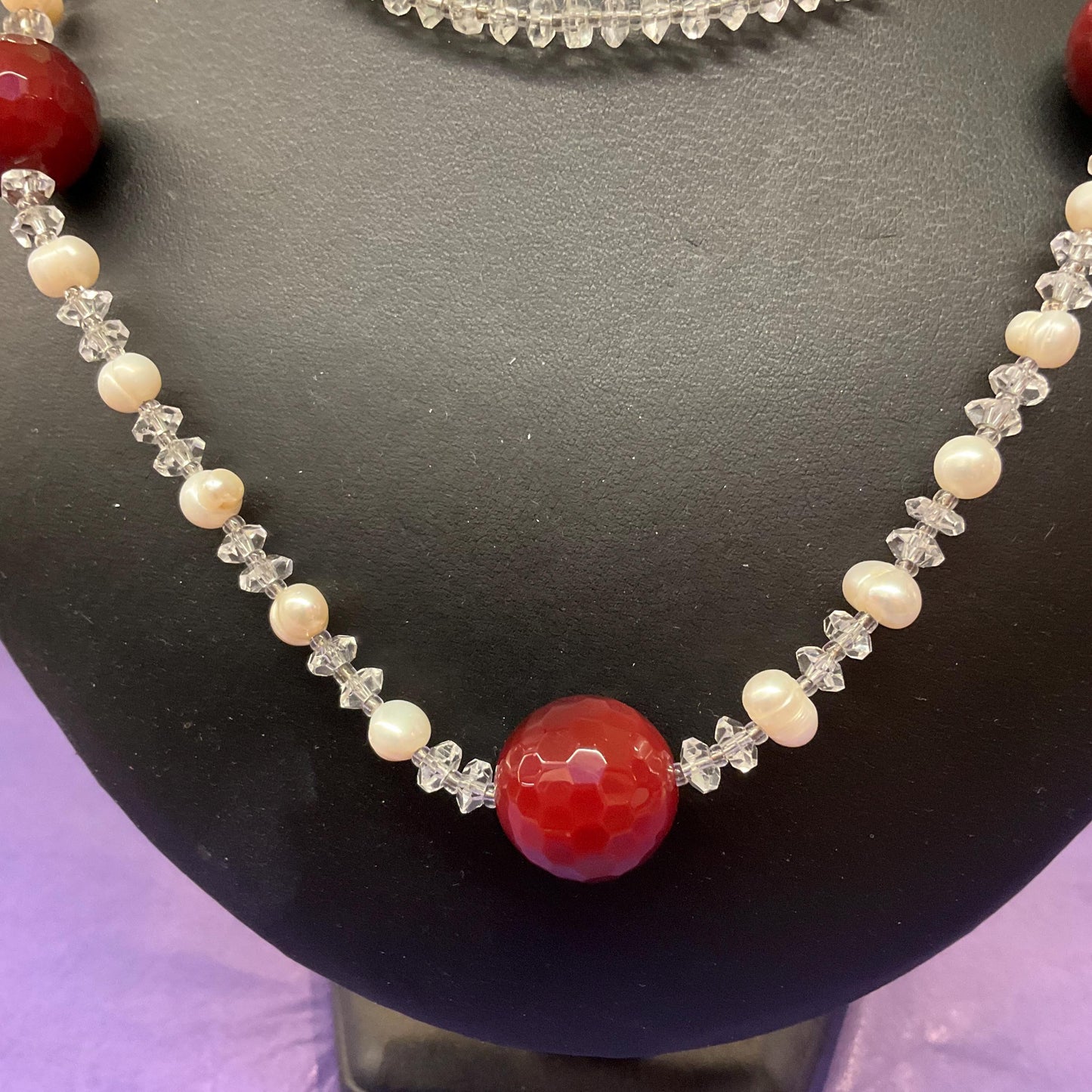Vintage Butler and Wilson Rock Crystal & Cultured Pearl Flapper Length Necklace, Ivory beads and large wine coloured crystal beads, signed