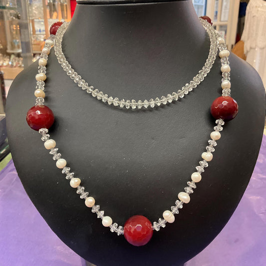 Vintage Butler and Wilson Rock Crystal & Cultured Pearl Flapper Length Necklace, Ivory beads and large wine coloured crystal beads, signed