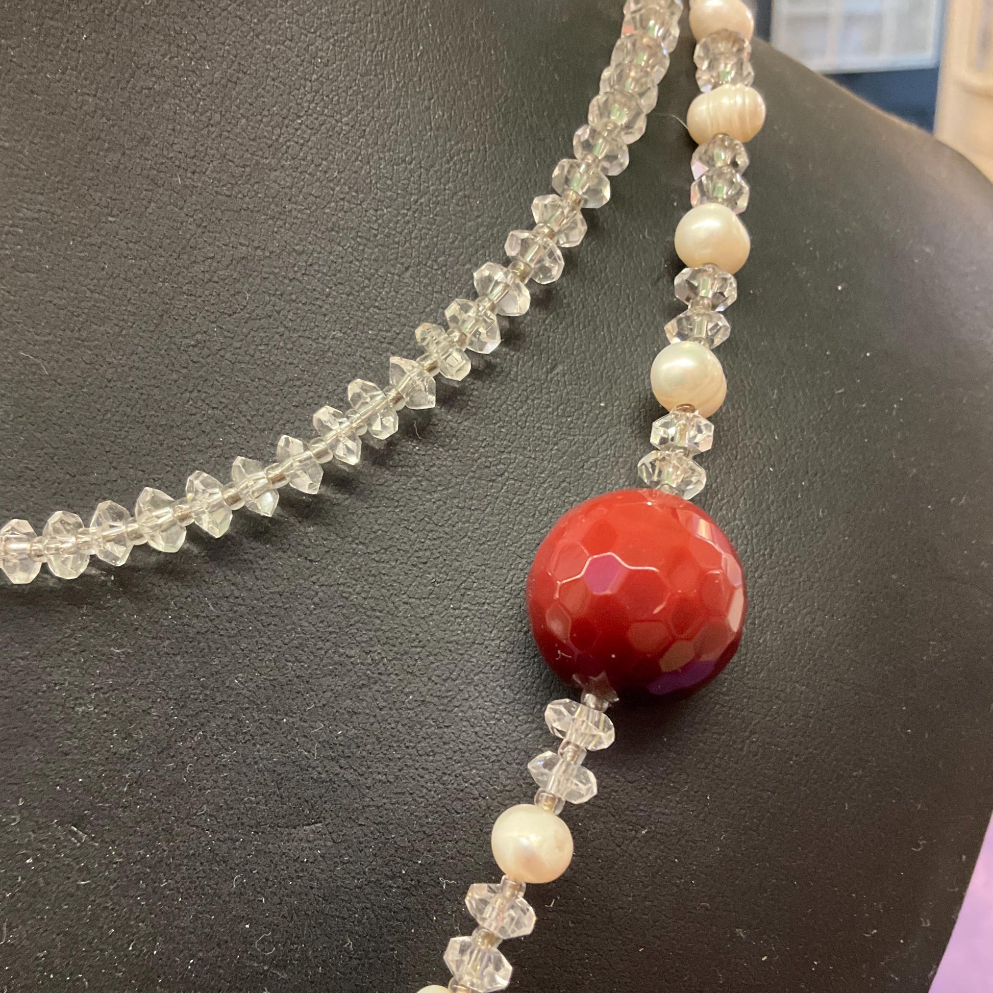 Vintage Butler and Wilson Rock Crystal & Cultured Pearl Flapper Length Necklace, Ivory beads and large wine coloured crystal beads, signed