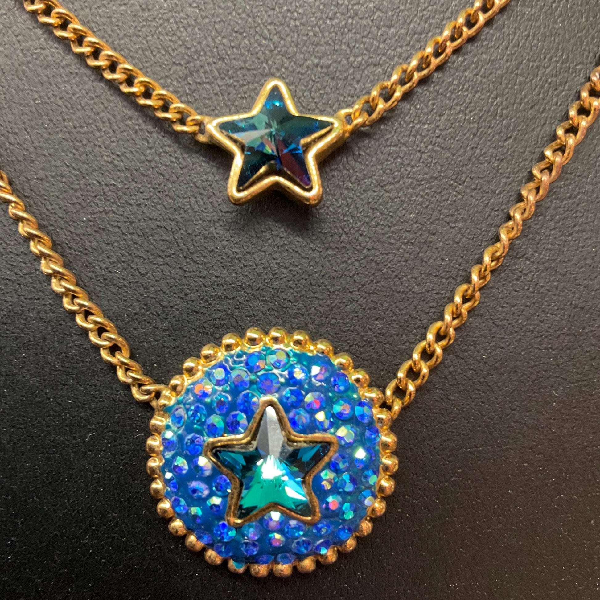 Vintage Butler and Wilson Crystal Blue Moon and Stars Necklace, Gold Tone Chain with Borealis Crystals, Signed in Original Box