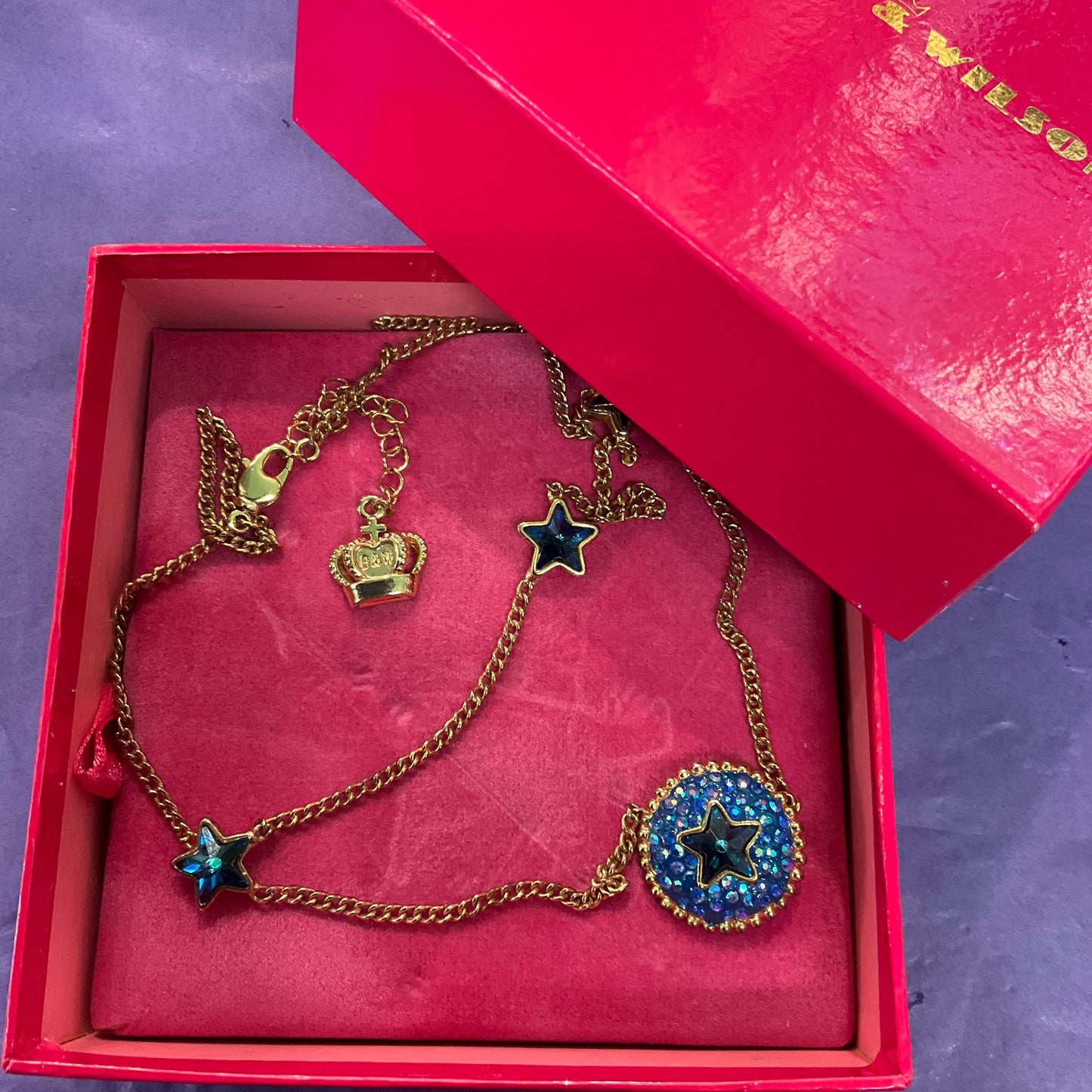 Vintage Butler and Wilson Crystal Blue Moon and Stars Necklace, Gold Tone Chain with Borealis Crystals, Signed in Original Box