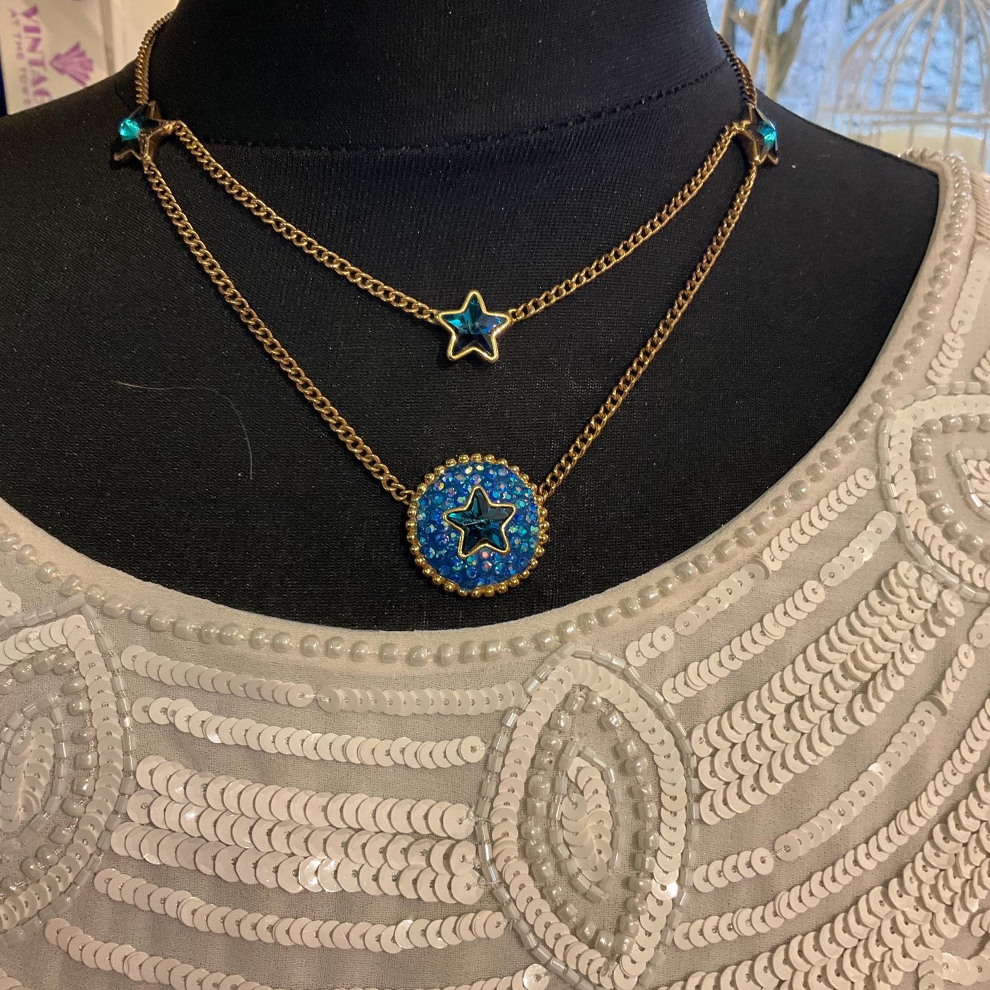 Vintage Butler and Wilson Crystal Blue Moon and Stars Necklace, Gold Tone Chain with Borealis Crystals, Signed in Original Box