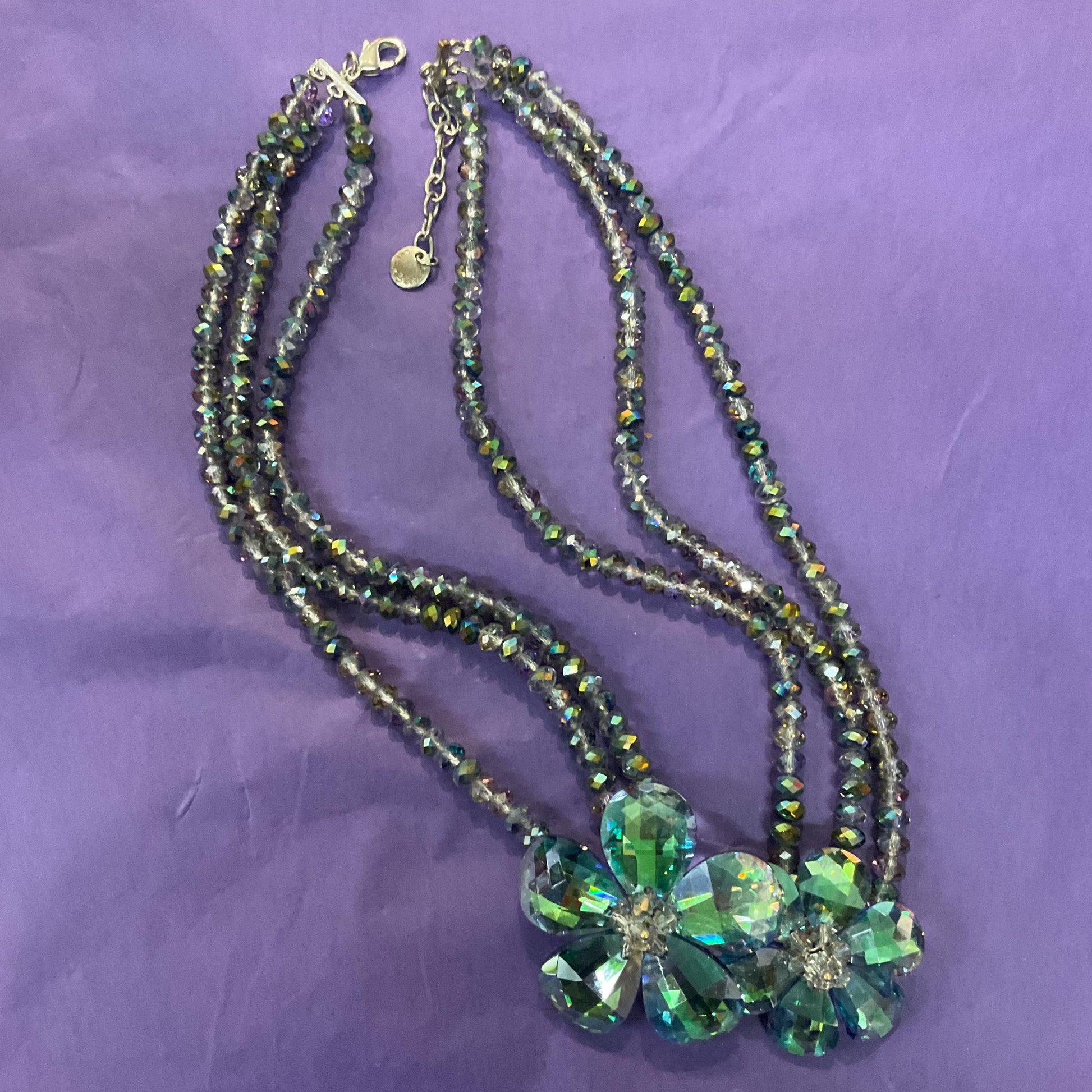 Vintage Butler and Wilson Turquoise/Green Borealis Rainbow Crystal Floral Beaded Necklace, Formal Event, Signed In Original Box