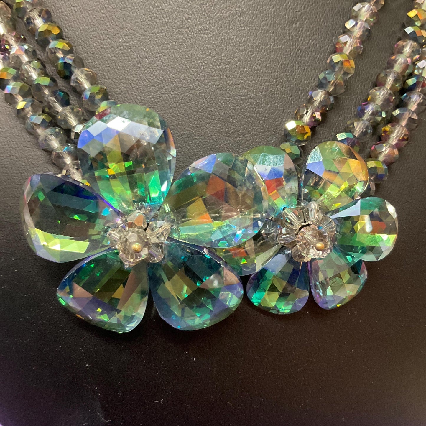 Vintage Butler and Wilson Turquoise/Green Borealis Rainbow Crystal Floral Beaded Necklace, Formal Event, Signed In Original Box