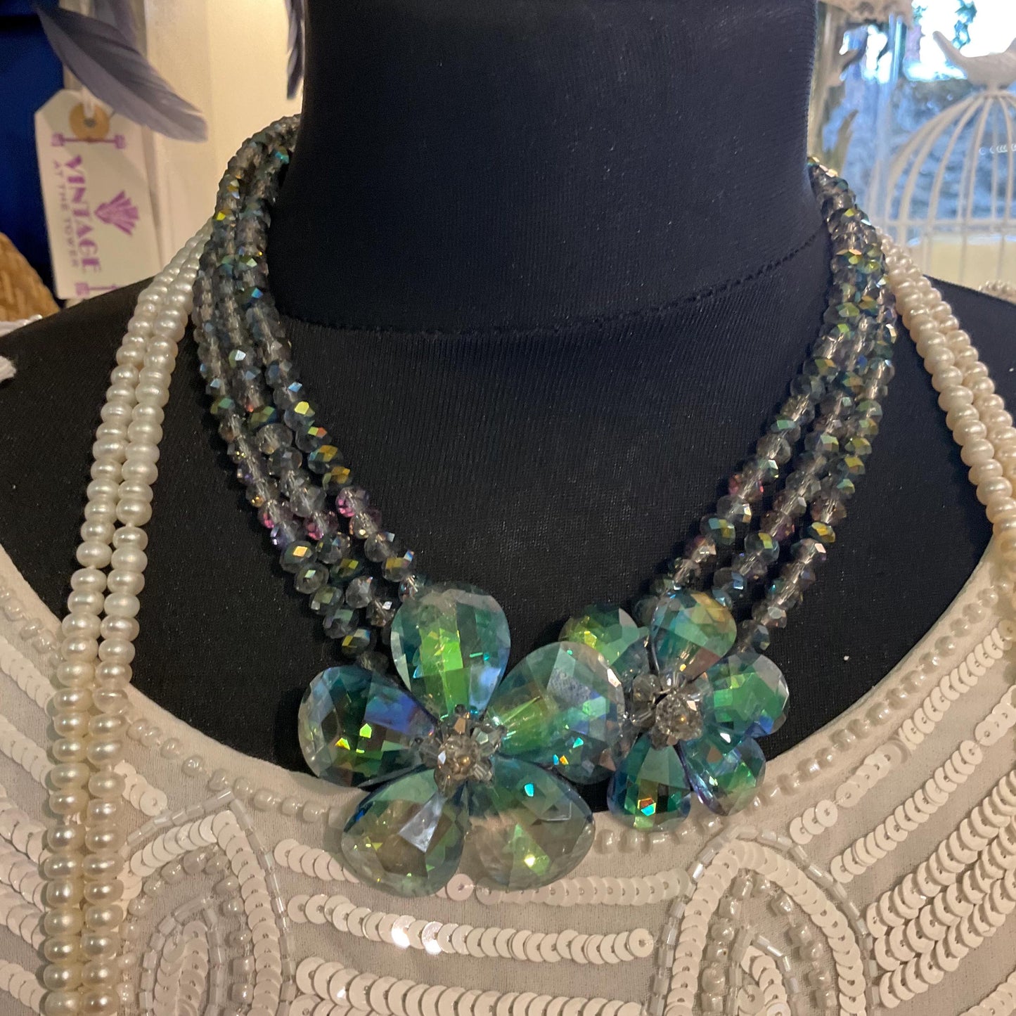 Vintage Butler and Wilson Turquoise/Green Borealis Rainbow Crystal Floral Beaded Necklace, Formal Event, Signed In Original Box