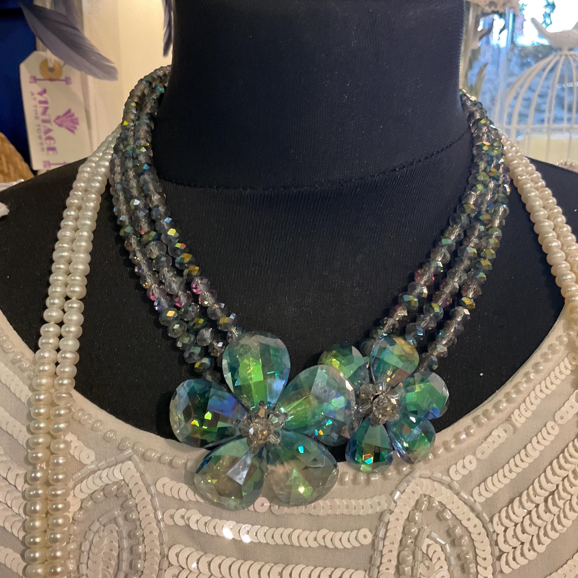 Vintage Butler and Wilson Turquoise/Green Borealis Rainbow Crystal Floral Beaded Necklace, Formal Event, Signed In Original Box