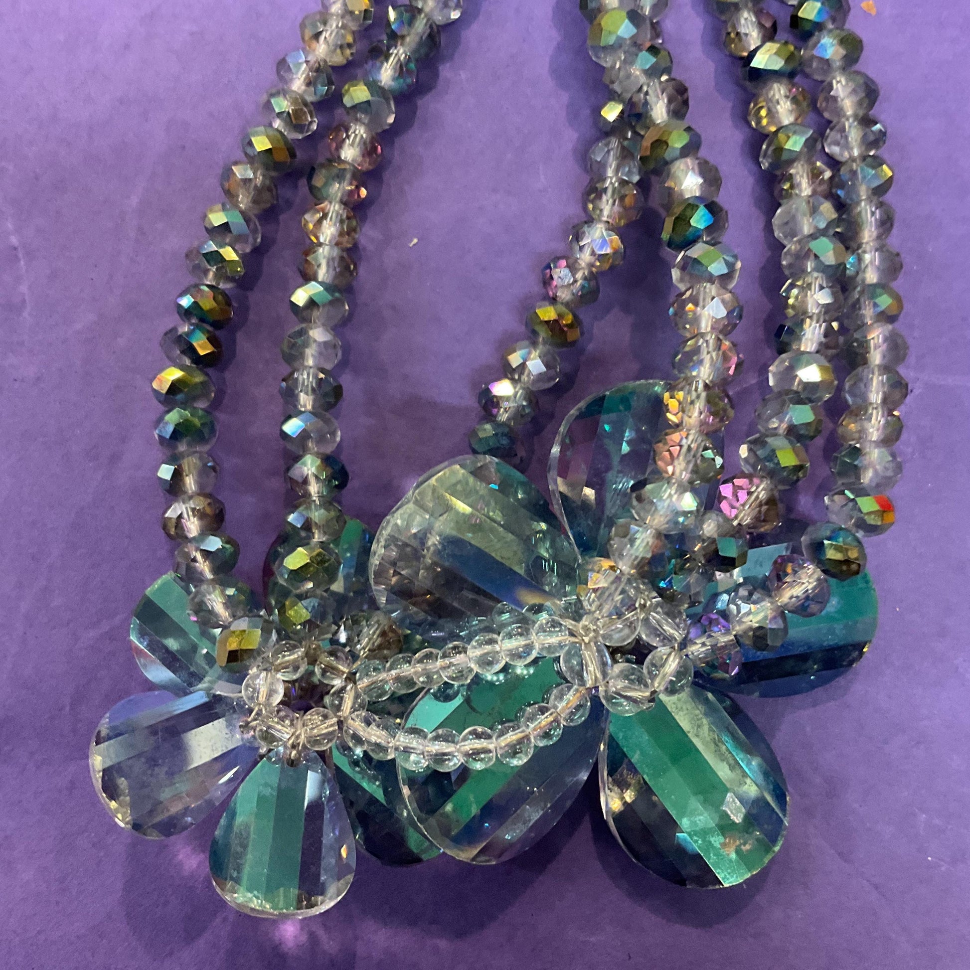 Vintage Butler and Wilson Turquoise/Green Borealis Rainbow Crystal Floral Beaded Necklace, Formal Event, Signed In Original Box