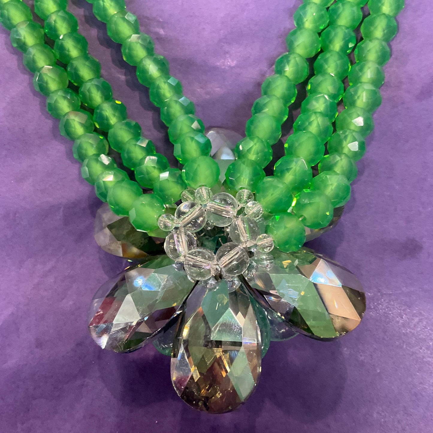 Vintage Butler and Wilson Statement Green Crystal Floral Choker style Necklace, Multistrands with Borealus Crystal Flower, As new