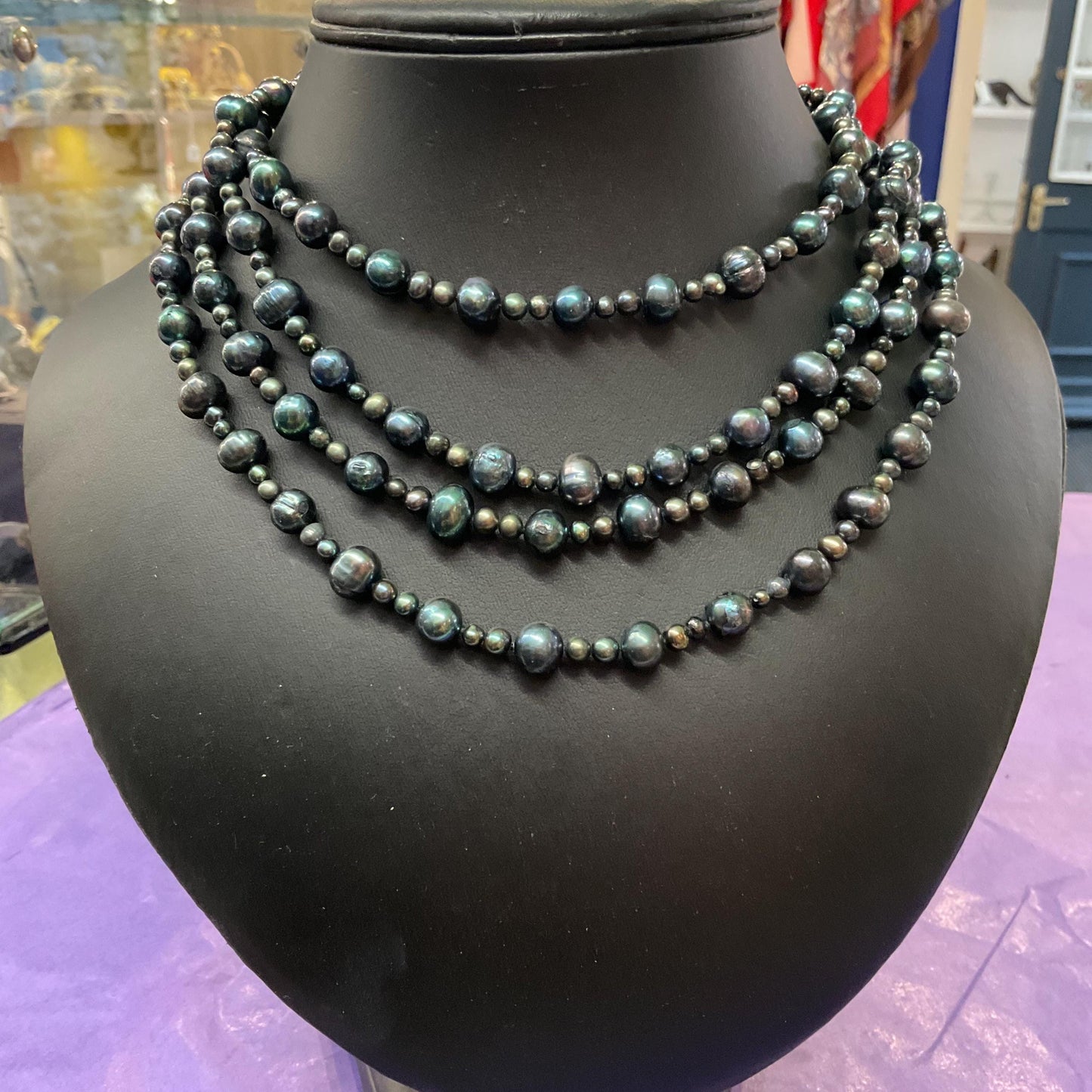 Vintage Peacock Fresh Water Pearl Flapper Length Beaded Necklace, Petrol Irridescent Colours, Ultra long, Formal Event