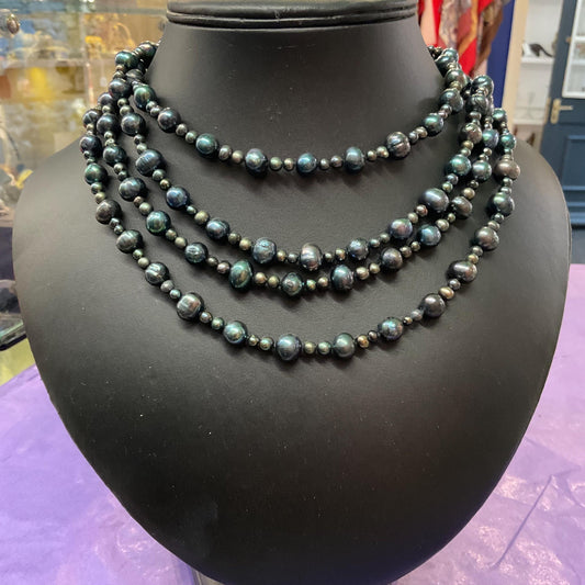 Vintage Peacock Fresh Water Pearl Flapper Length Beaded Necklace, Petrol Irridescent Colours, Ultra long, Formal Event