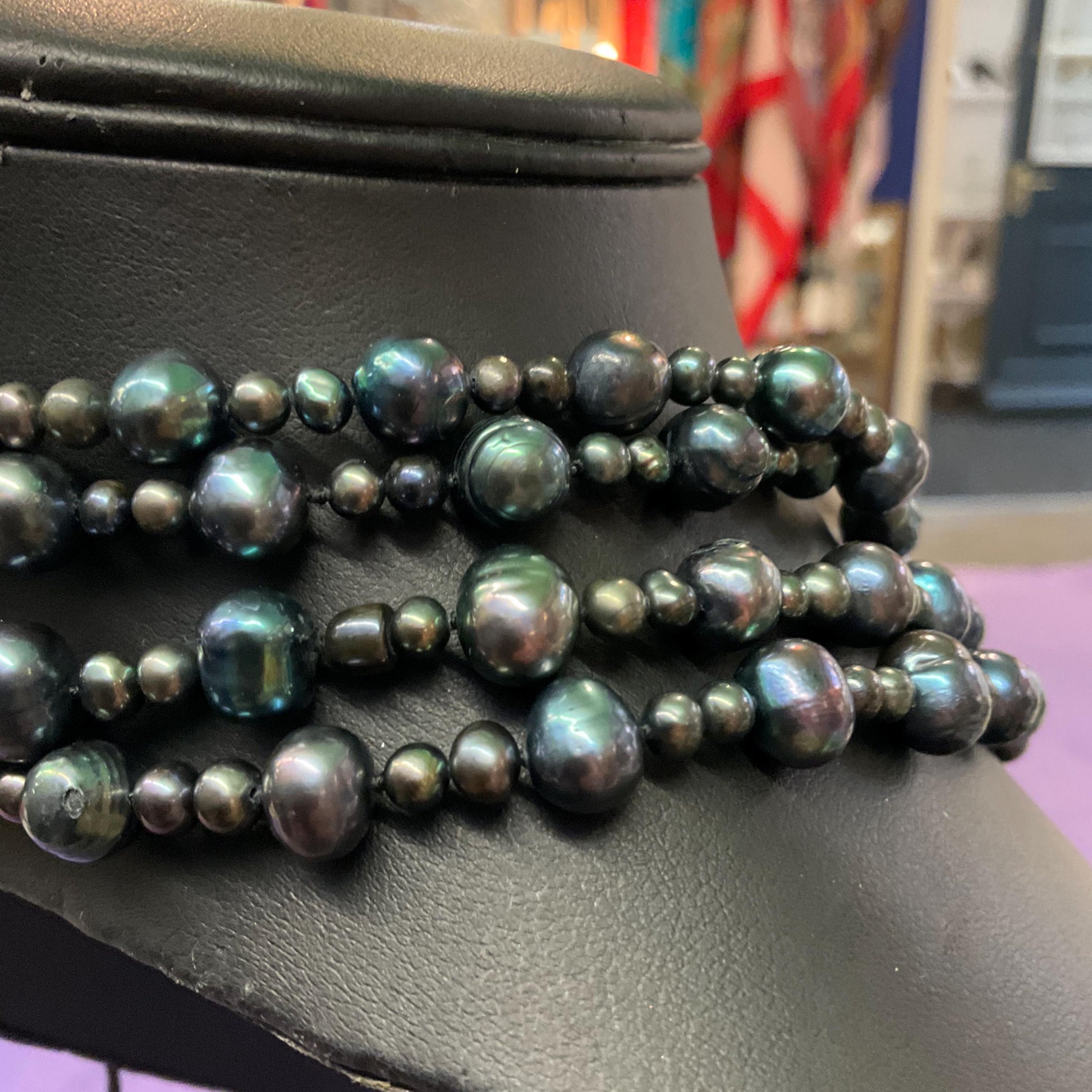 Vintage Peacock Fresh Water Pearl Flapper Length Beaded Necklace, Petrol Irridescent Colours, Ultra long, Formal Event