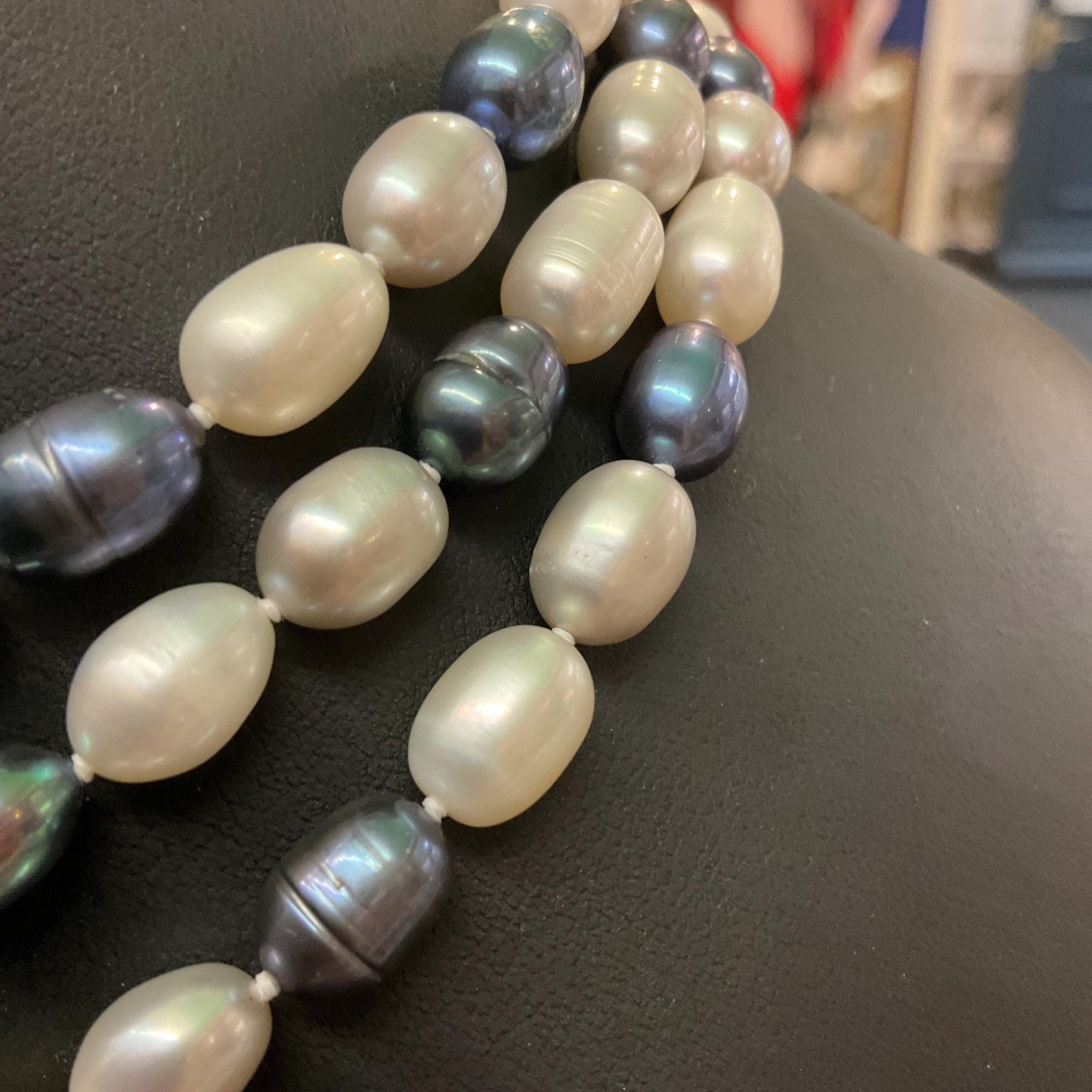 Vintage Fresh Water Flapper Length Pearl Beaded Necklace, Petrol Blue, Silver and Ivory Shades, Great Gatsby, Formal Event