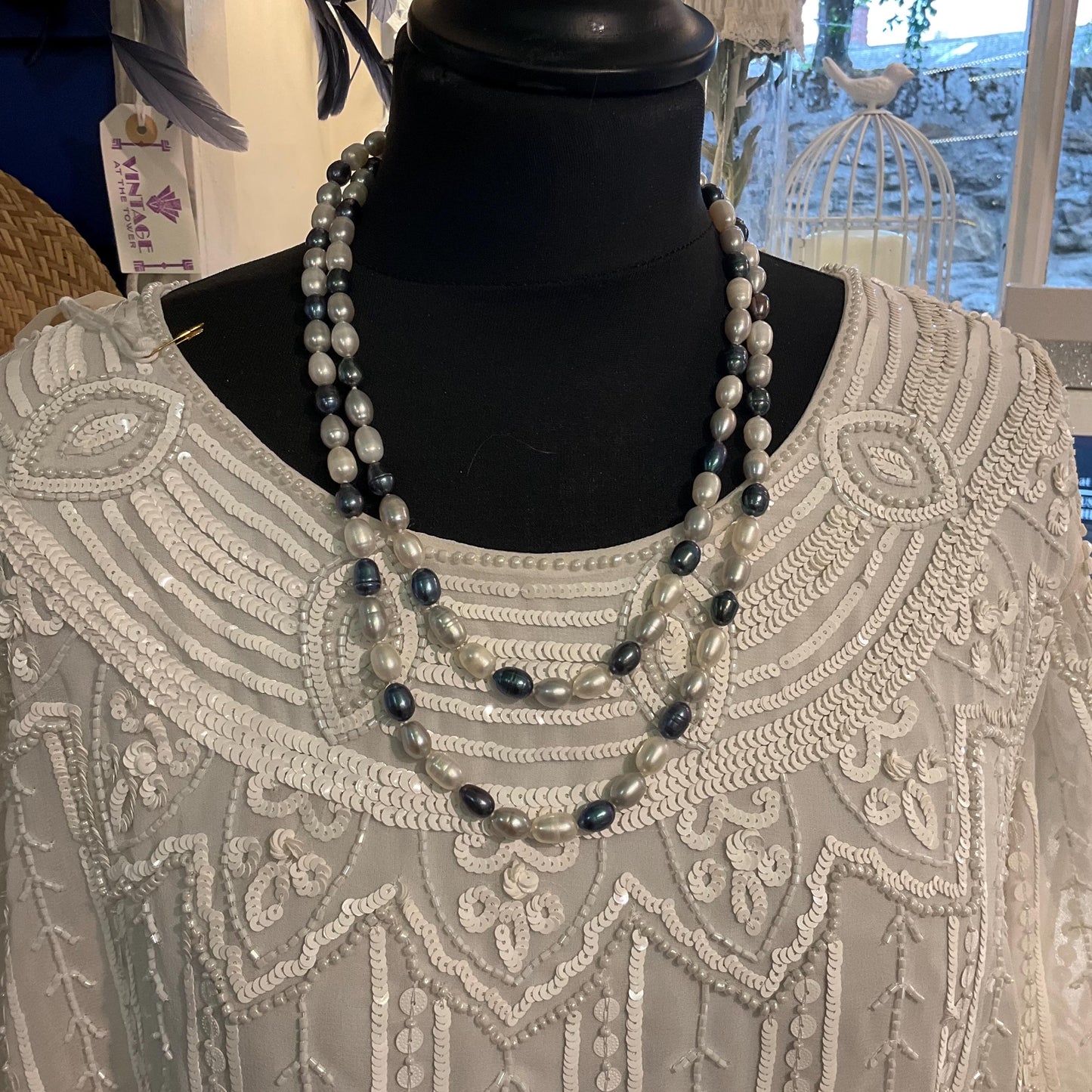 Vintage Fresh Water Flapper Length Pearl Beaded Necklace, Petrol Blue, Silver and Ivory Shades, Great Gatsby, Formal Event