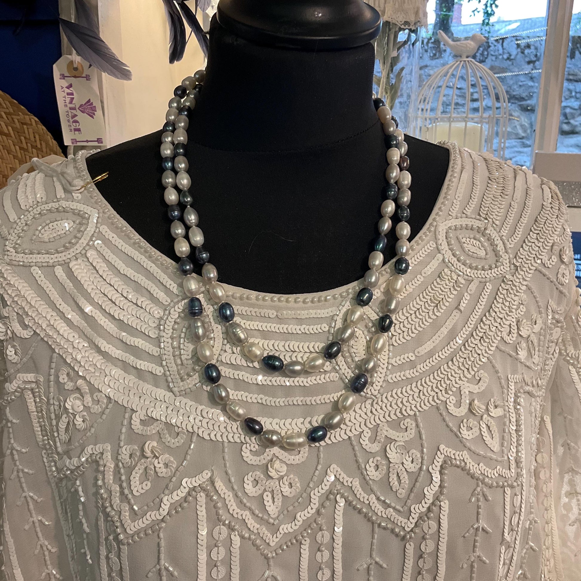 Vintage Fresh Water Flapper Length Pearl Beaded Necklace, Petrol Blue, Silver and Ivory Shades, Great Gatsby, Formal Event