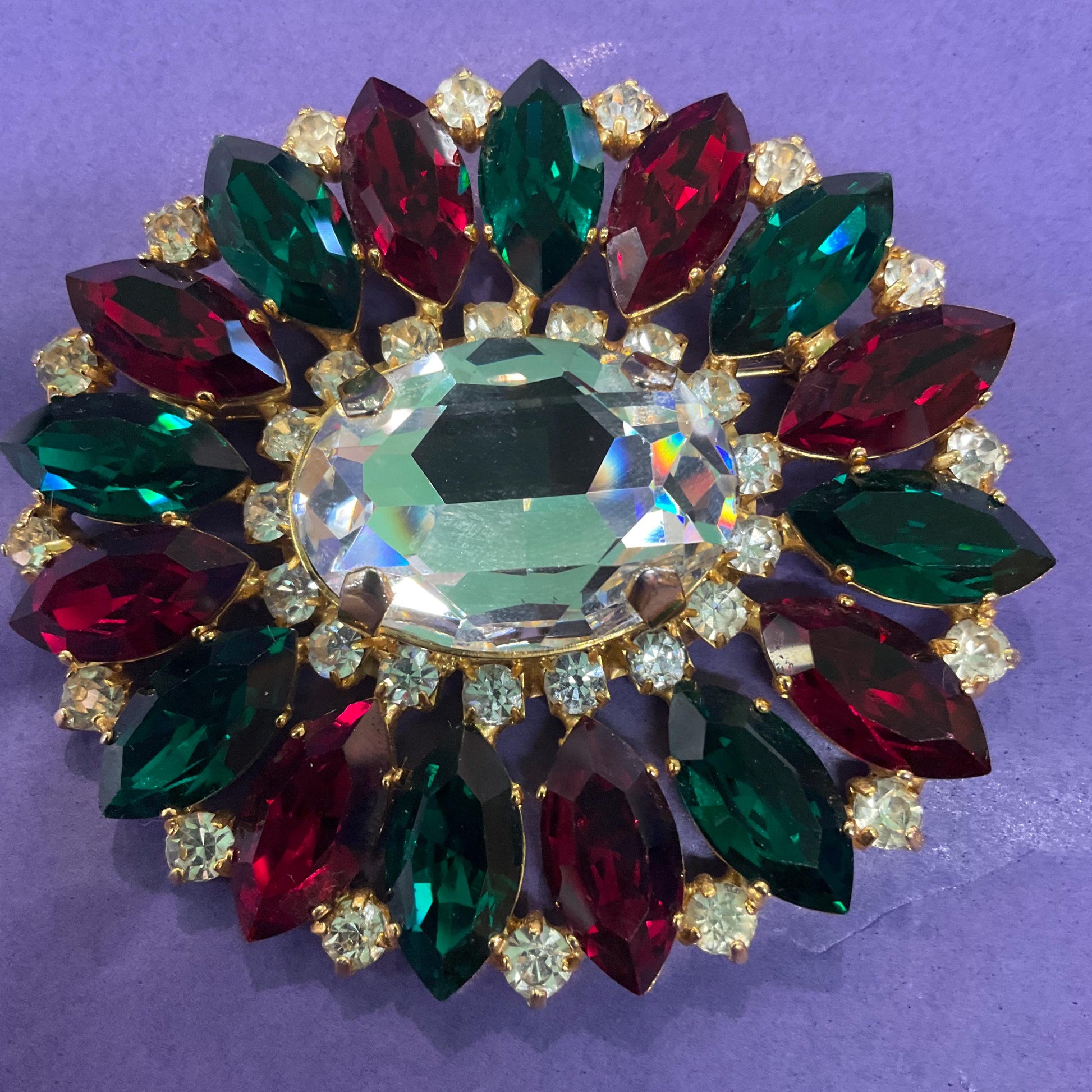 Vintage Butler and Wilson Statement Oval Crystal Brooch, Gold tone with silver, red and Green Crystals , Signed in original box