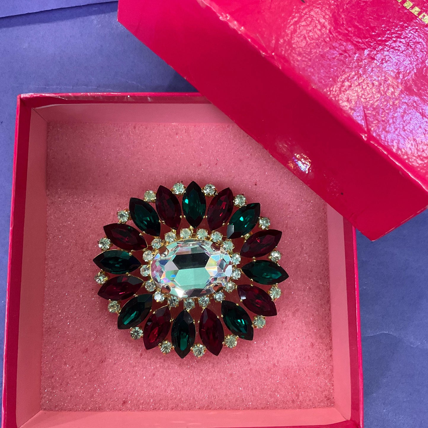 Vintage Butler and Wilson Statement Oval Crystal Brooch, Gold tone with silver, red and Green Crystals , Signed in original box