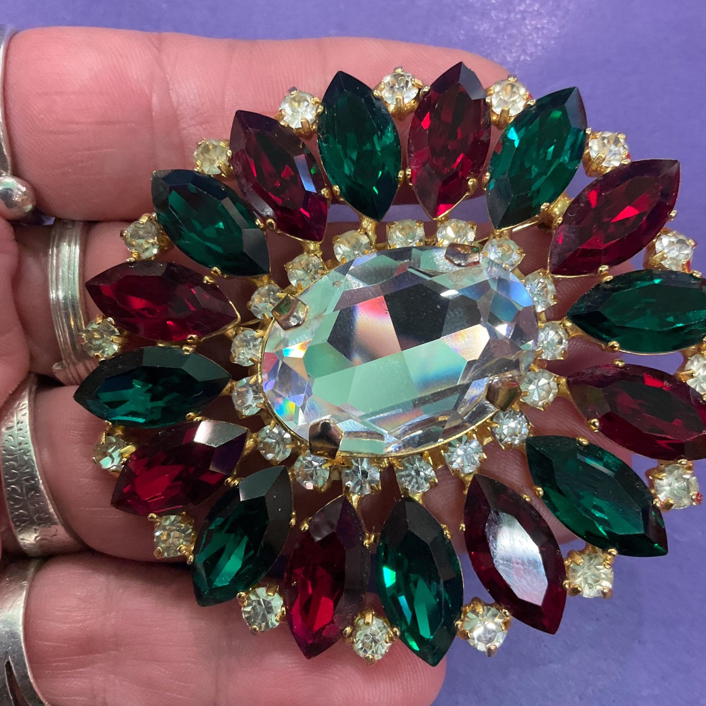 Vintage Butler and Wilson Statement Oval Crystal Brooch, Gold tone with silver, red and Green Crystals , Signed in original box