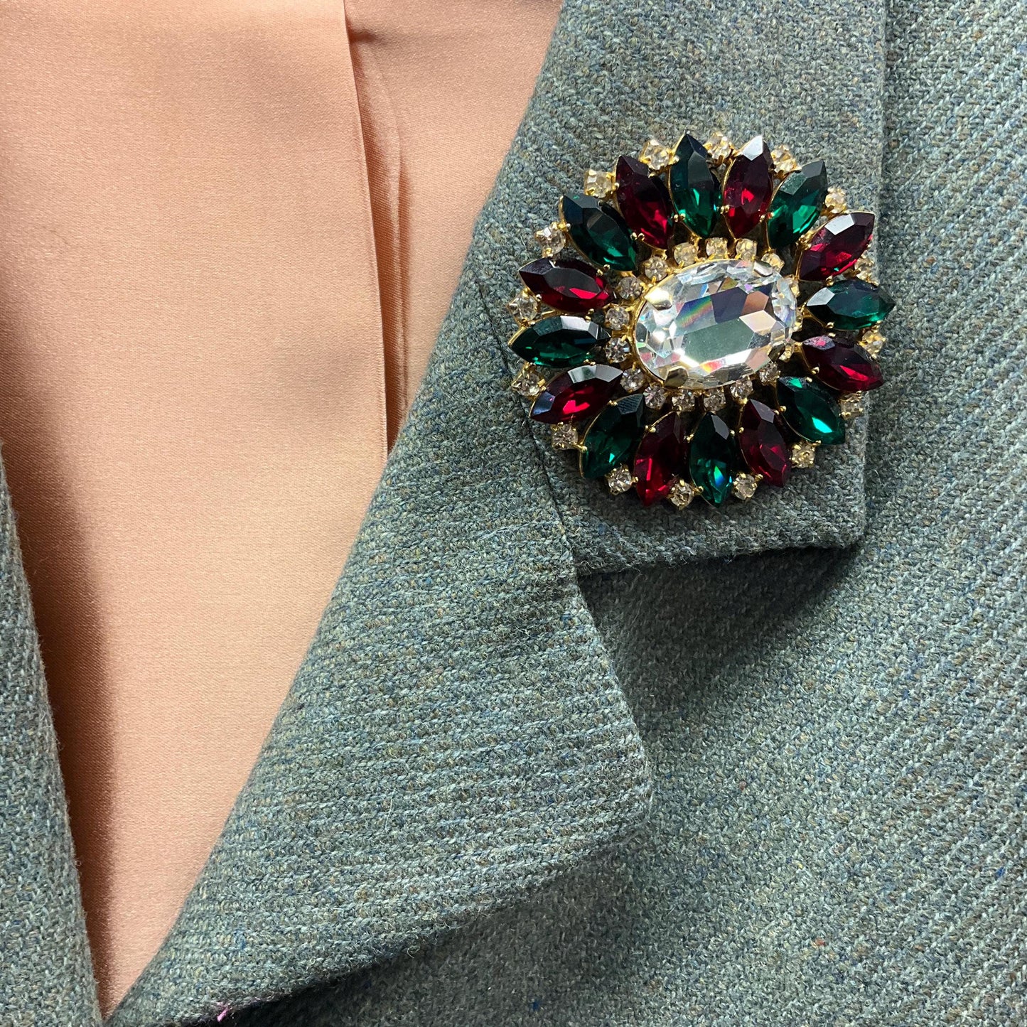 Vintage Butler and Wilson Statement Oval Crystal Brooch, Gold tone with silver, red and Green Crystals , Signed in original box