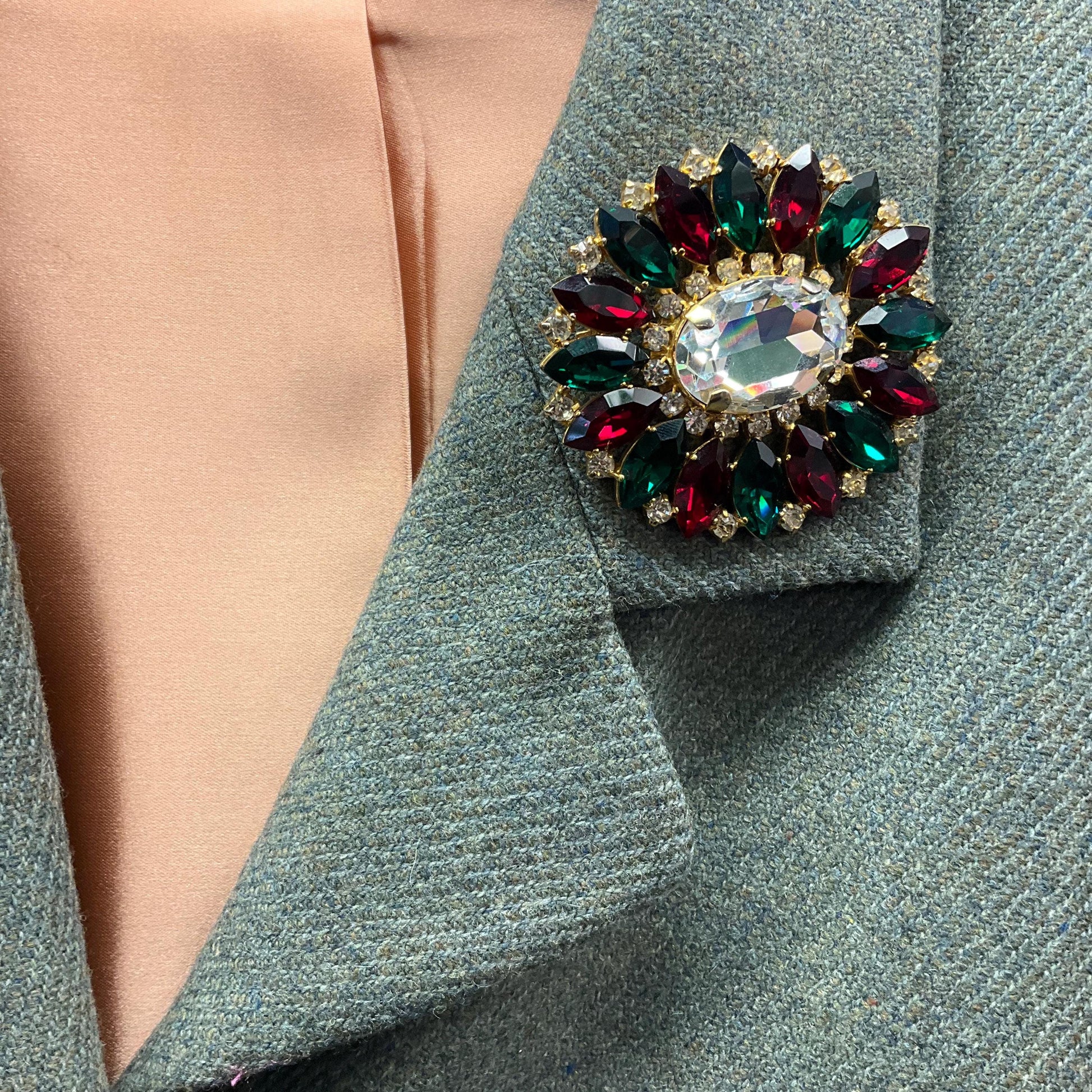 Vintage Butler and Wilson Statement Oval Crystal Brooch, Gold tone with silver, red and Green Crystals , Signed in original box