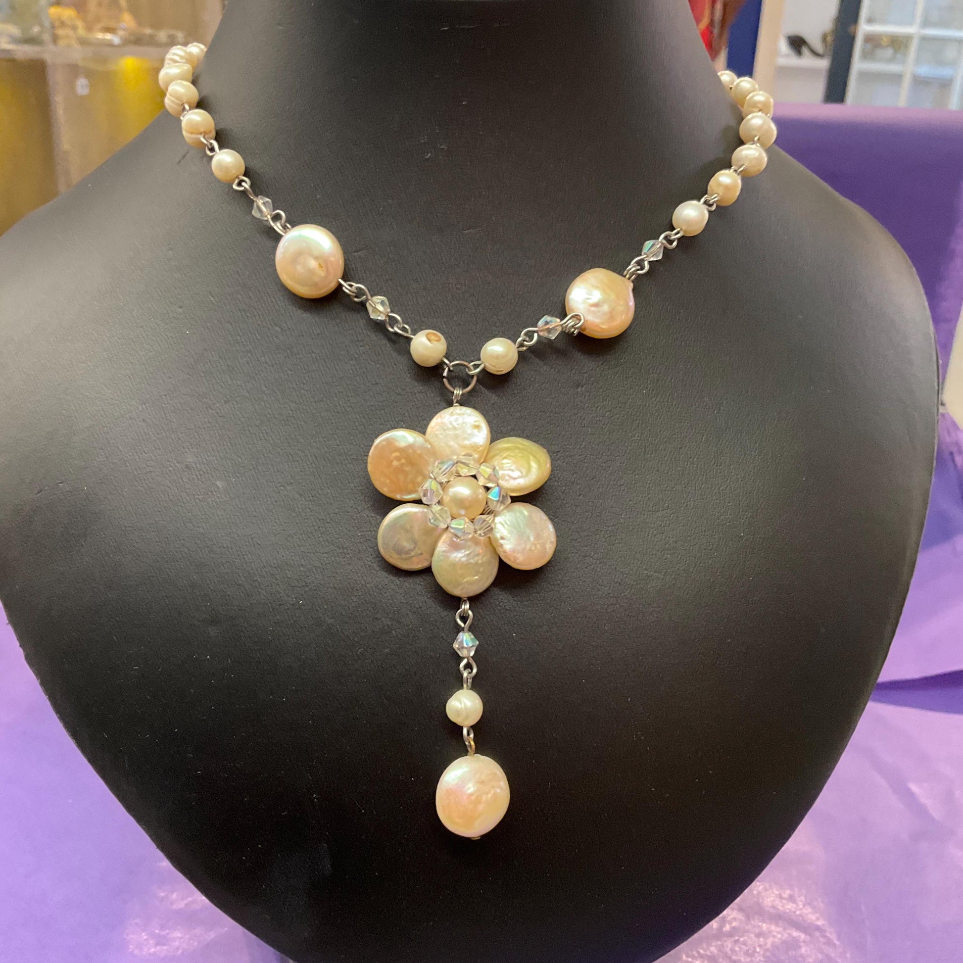 Vintage Butler and Wilson Ivory Keshi and Fresh Water Pearl Floral Drop Necklace, Signed in Original Box, Vintage Wedding, Holiday