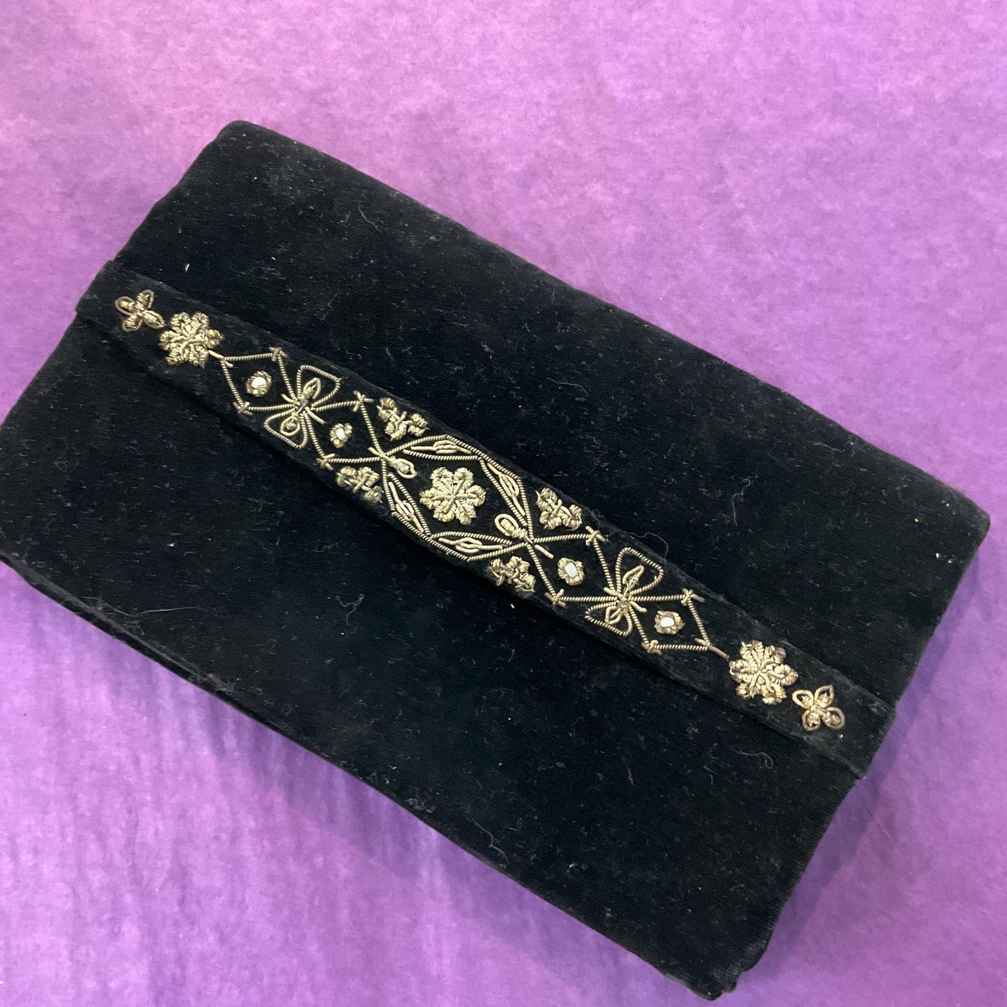 Vintage 1940s Indian Zardosi Embroidered Floral Evening Bag, Black velvet with traditional gold wirework and crystal beads, formal event